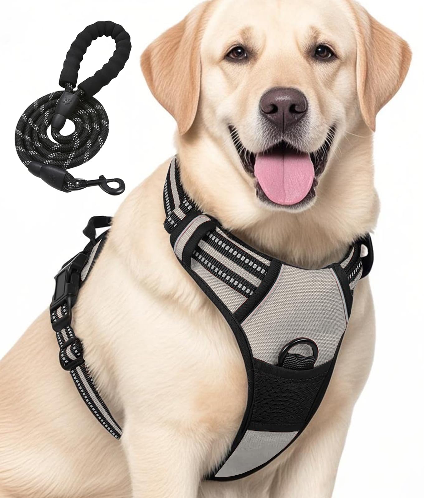 Jomkig No Pull Dog Harness Reflective No-Choke Harness with Front Back Clips Adjustable Soft Padded Pet Vest with Easy Control Handle for Large Dogs, Grey, X-Large