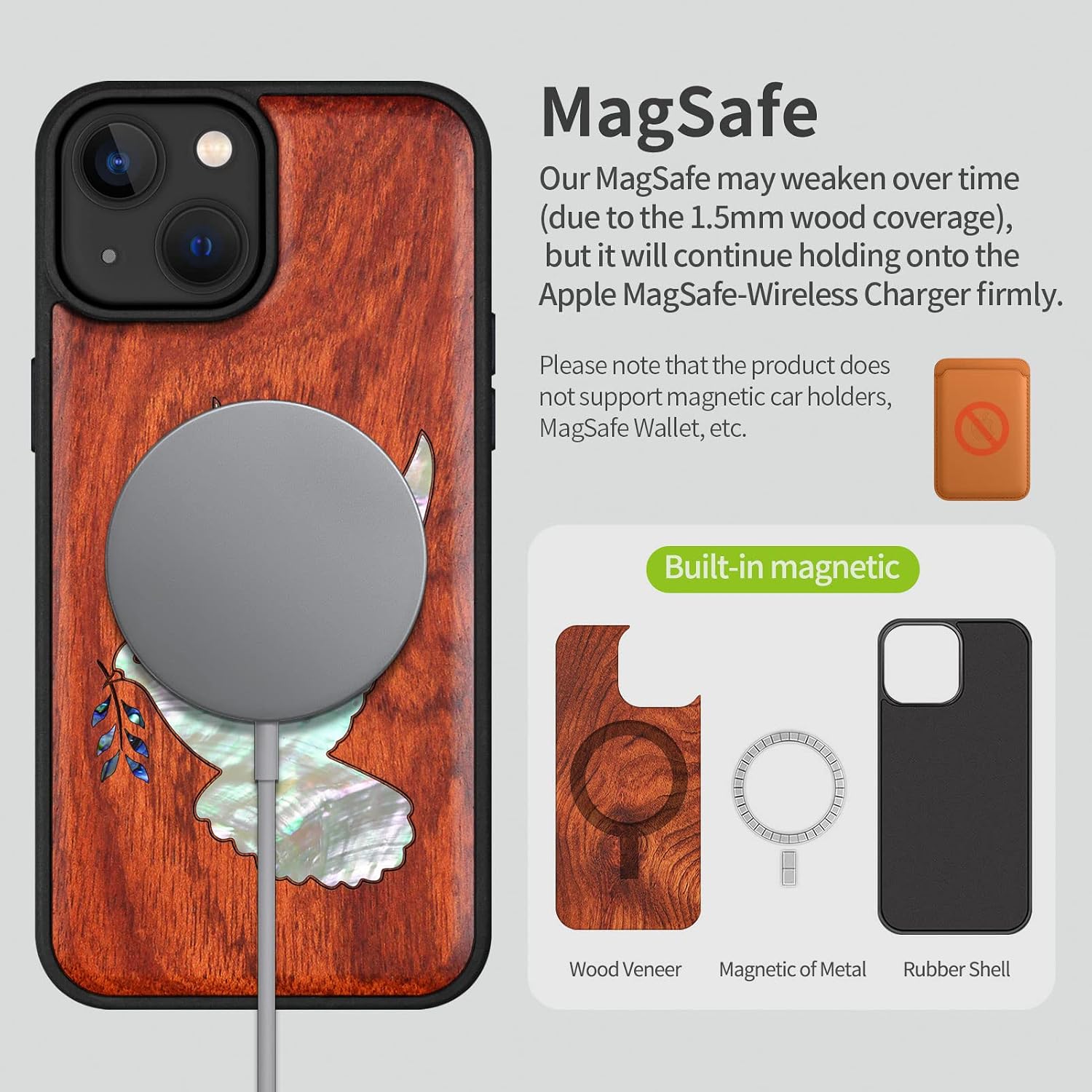 Carveit Designer Wooden Protective Magnetic Case for iPhone 14 Case [Wood Engraving & Shell Inlay] Compatible with iPhone 14 MagSafe (White-Dove-Rosy)