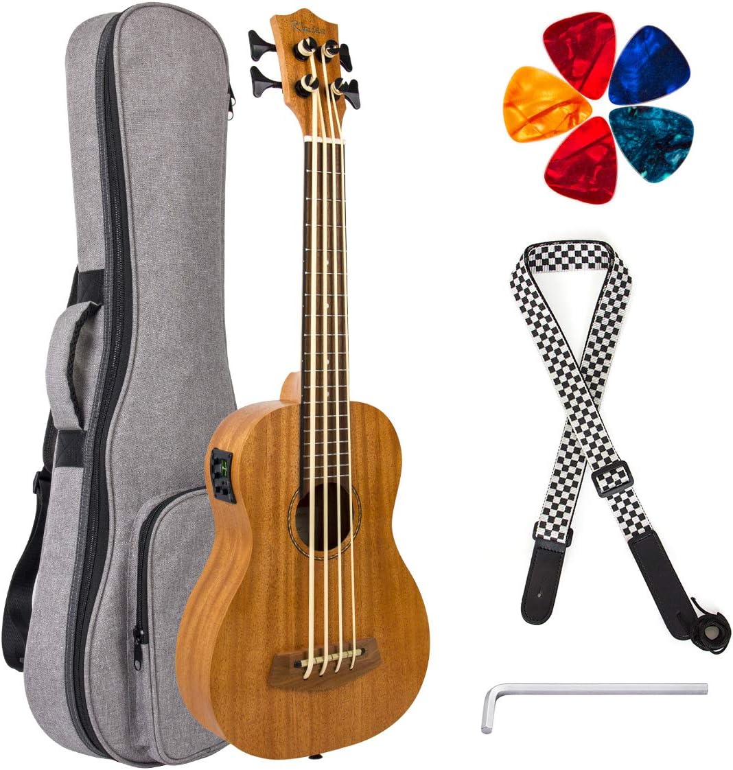 Electric Acoustic Bass Ukulele 30 inch Mahogany With Gig Bag Strap Picks Wrench By Kmise