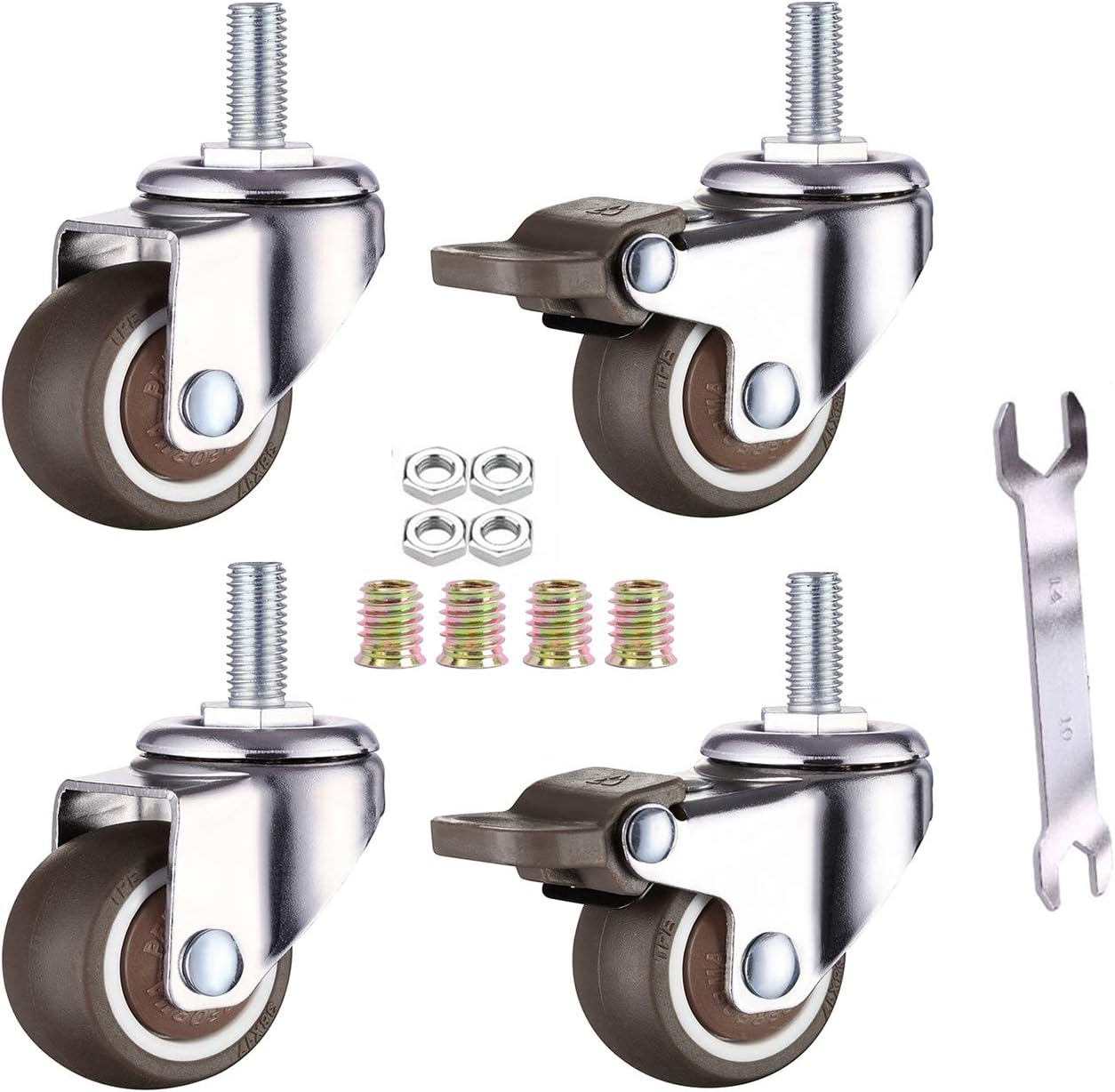 GEOCANG Set of 4 Swivel Castors 32 mm for Furniture M6 x 15 mm with Thread Soft Rubber TPE with Brake Thread Mini Furniture Castors