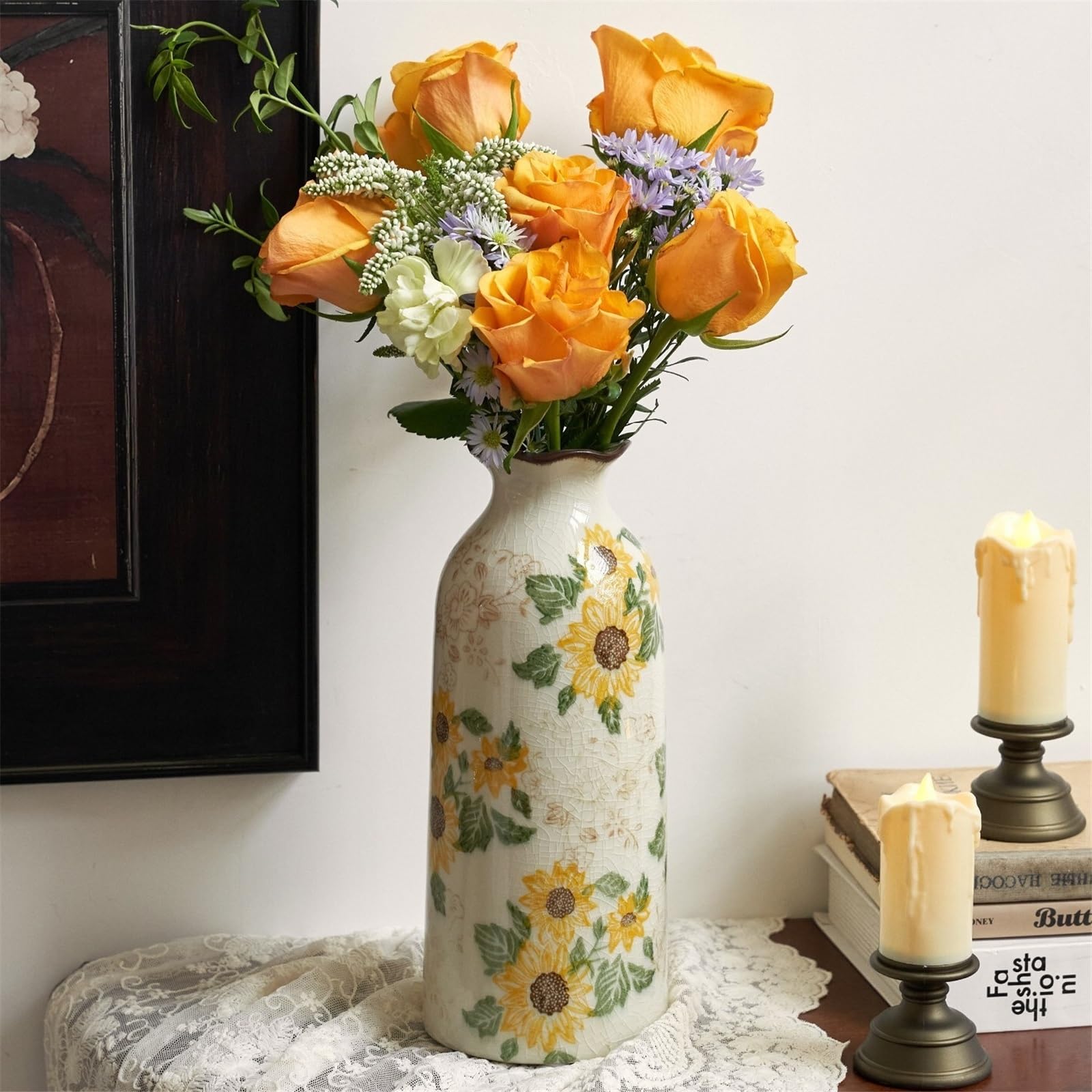 Vasen Keramik-Sonnenblumenmuster, dekorative Blumenvasen, Crackle-Glasur-Vase for Zuhause, Wohnzimmer, Tischdekoration Deko vase(Groß)