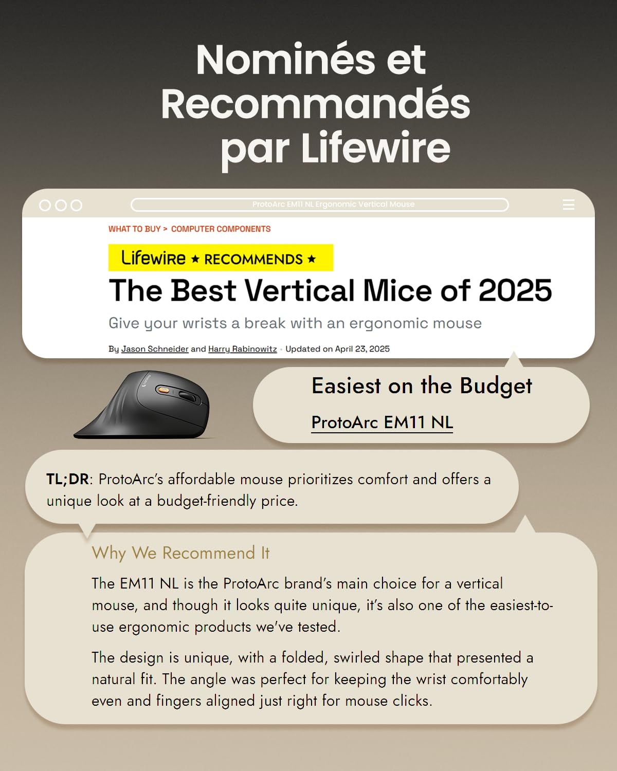 ProtoArc EM11 NL Souris Ergonomique sans Fil Verticale Rechargeable 3 Ports Bluetooth USB Silencieuse Noir