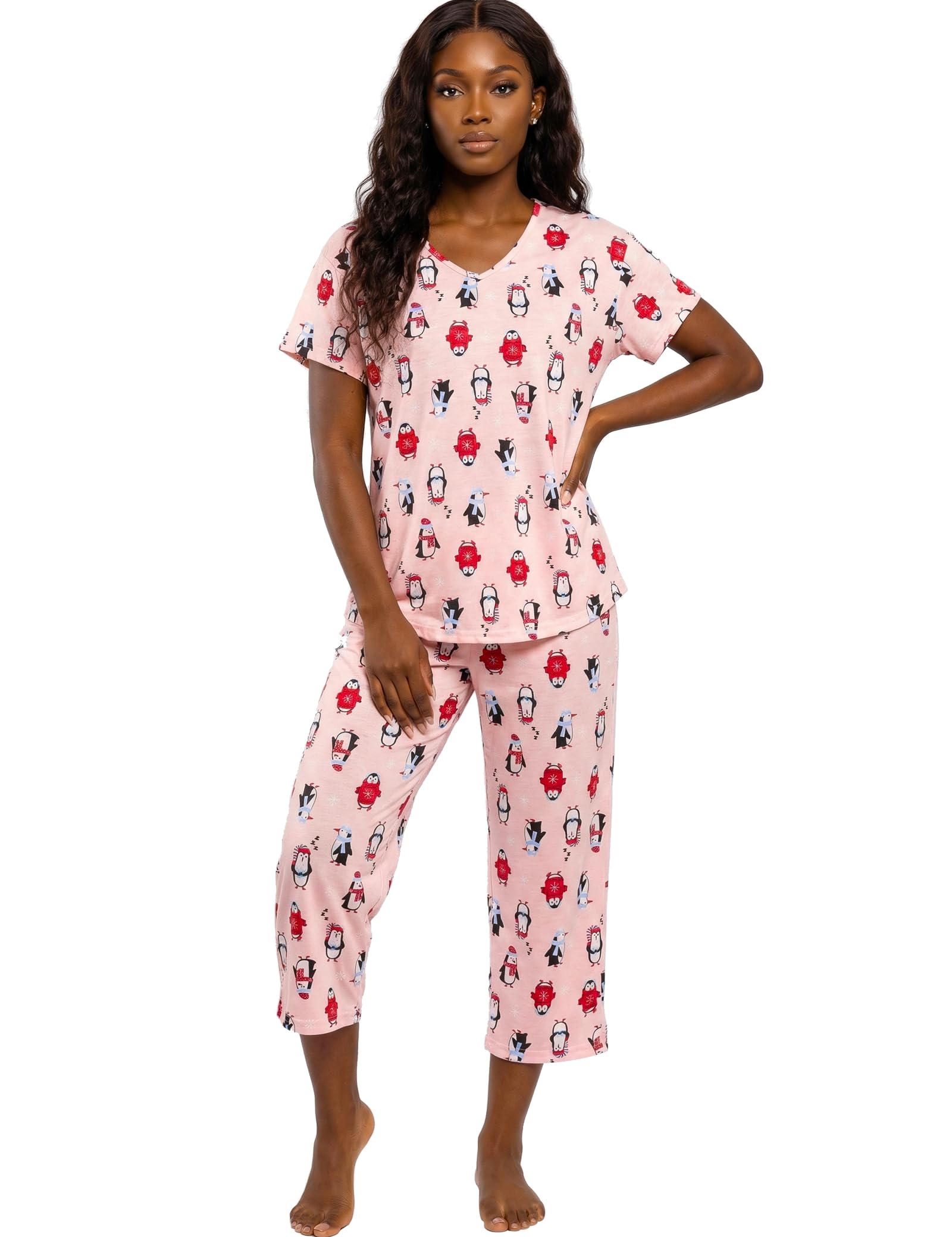 CHUNG Women Cotton Pajama Sets Sleepwear pjs Short Sleeve Shirt Capri Length Crop Pants Cute Vivid Print
