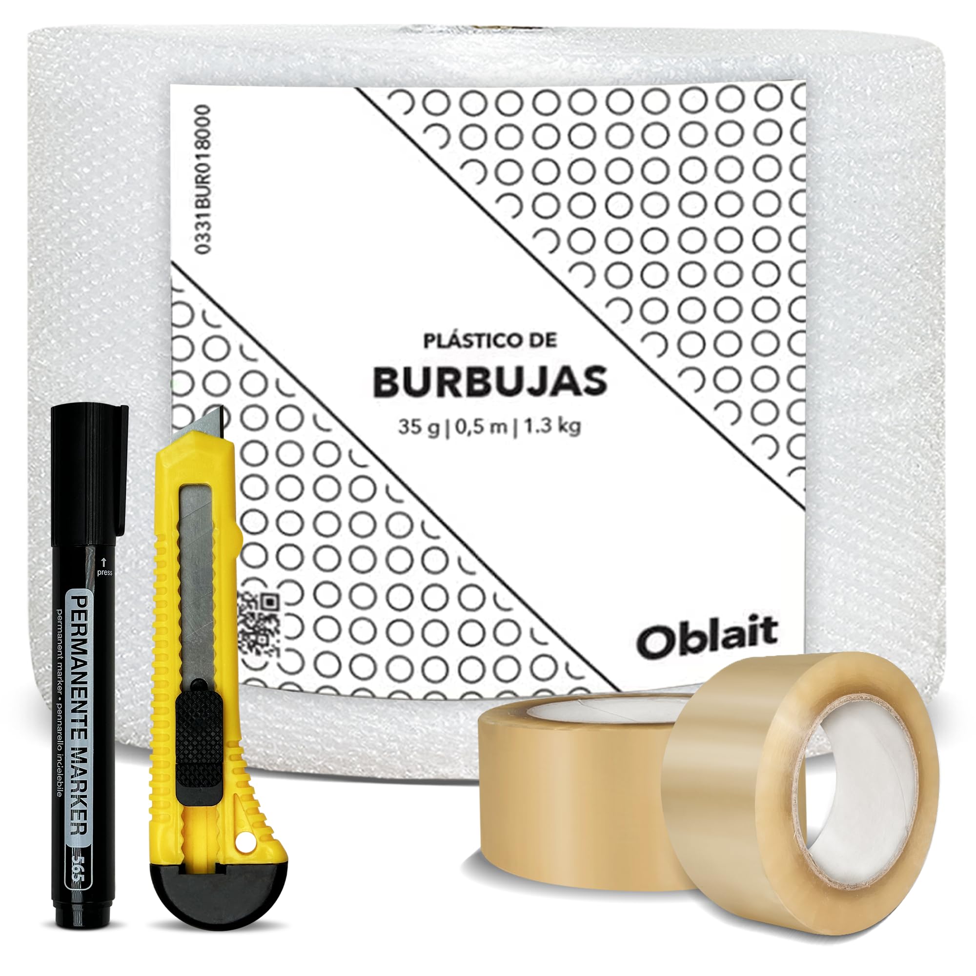 Rollo Plástico Burbujas 50 cm x 100 m + 2 Cinta Adhesiva 48 mm x 66 m | Pack Para Embalaje, Mudanza, envíos, protección. Incluye Cúter y Rotulador GRATIS