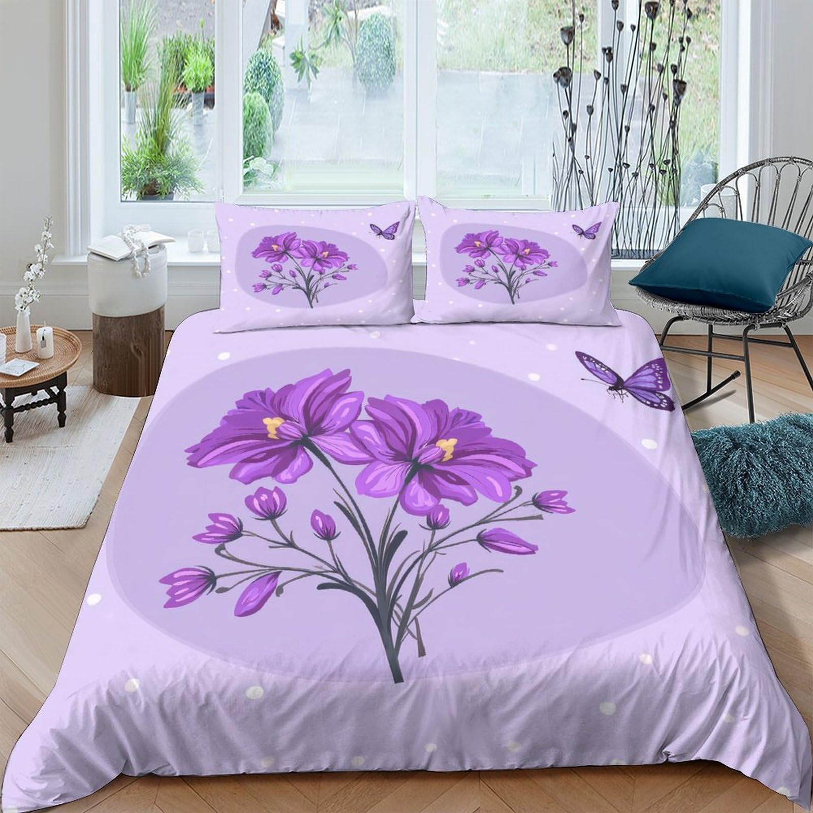 XFKLYNVCJ 3D Printed PurpleFlowers Bedding Cover Premium Polyester BotanicalIllustration Quilt Cover Fade Resistant Soft Comfortable for Housewarming Gift New Home Use Super king（260x220cm）