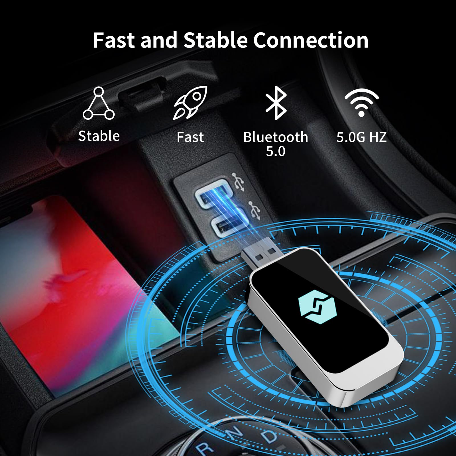 CUQI Bezprzewodowy adapter Android Car oraz CarPlay, 5G, WiFi i Bluetooth 5.0, USB typu C i USB, Plug & Play, dla iOS 10+, Androida 11+