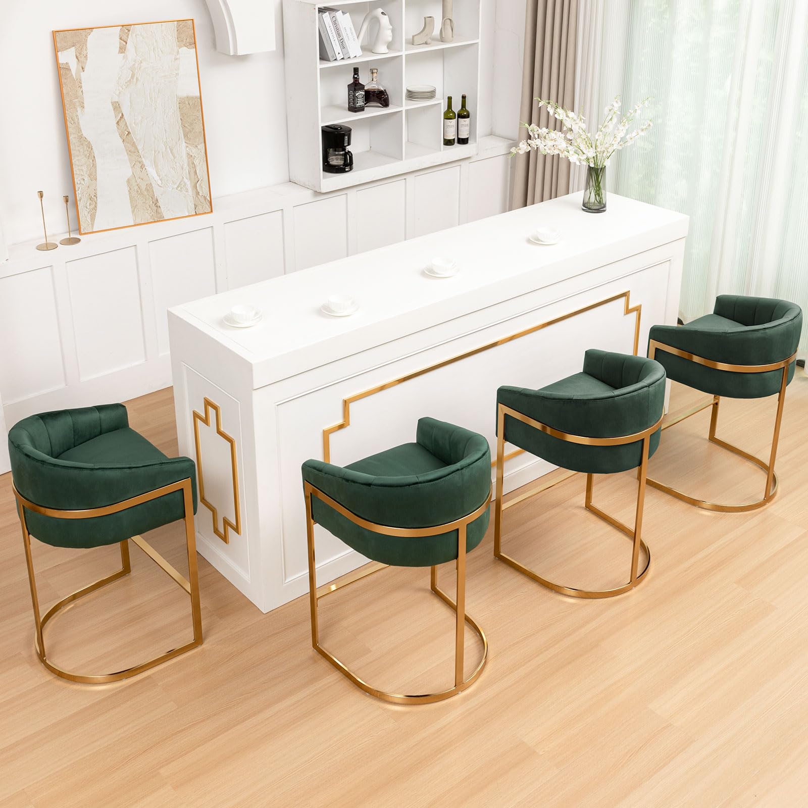 Counter Height Bar Stools Set of 4, Modern 27" H Barrel Counter Stools with Shell Back, Gold Velvet Bar Stools for Kitchen Island, Comfortable Velvet