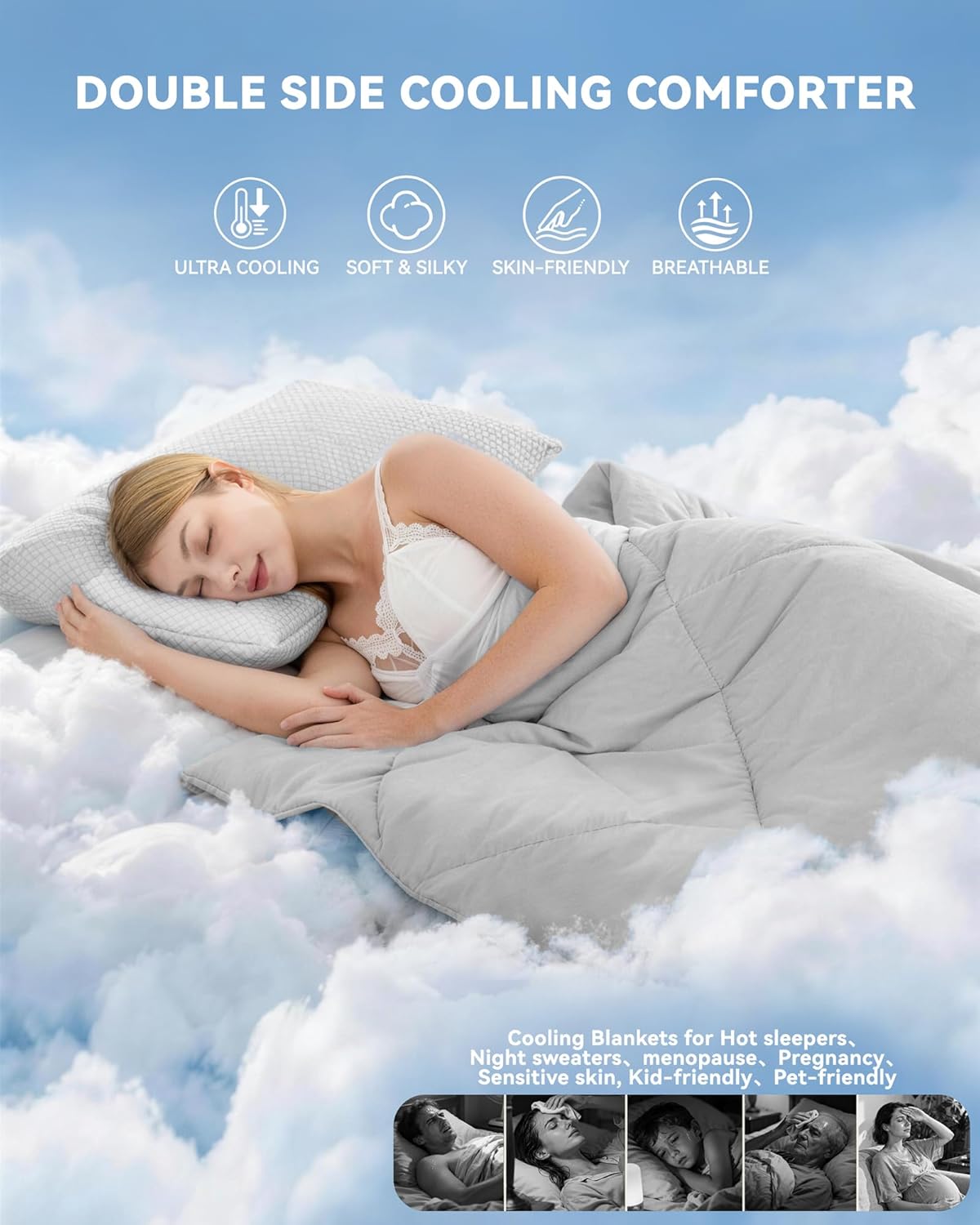 Cooling Comforter for Hot Sleepers Summer Cloud Blanket Gray Double Sided Cold Silky Comforters Super Breathable & Soft All-Season Reversible Bedding for Night Sweats Full/Queen 90"x90"