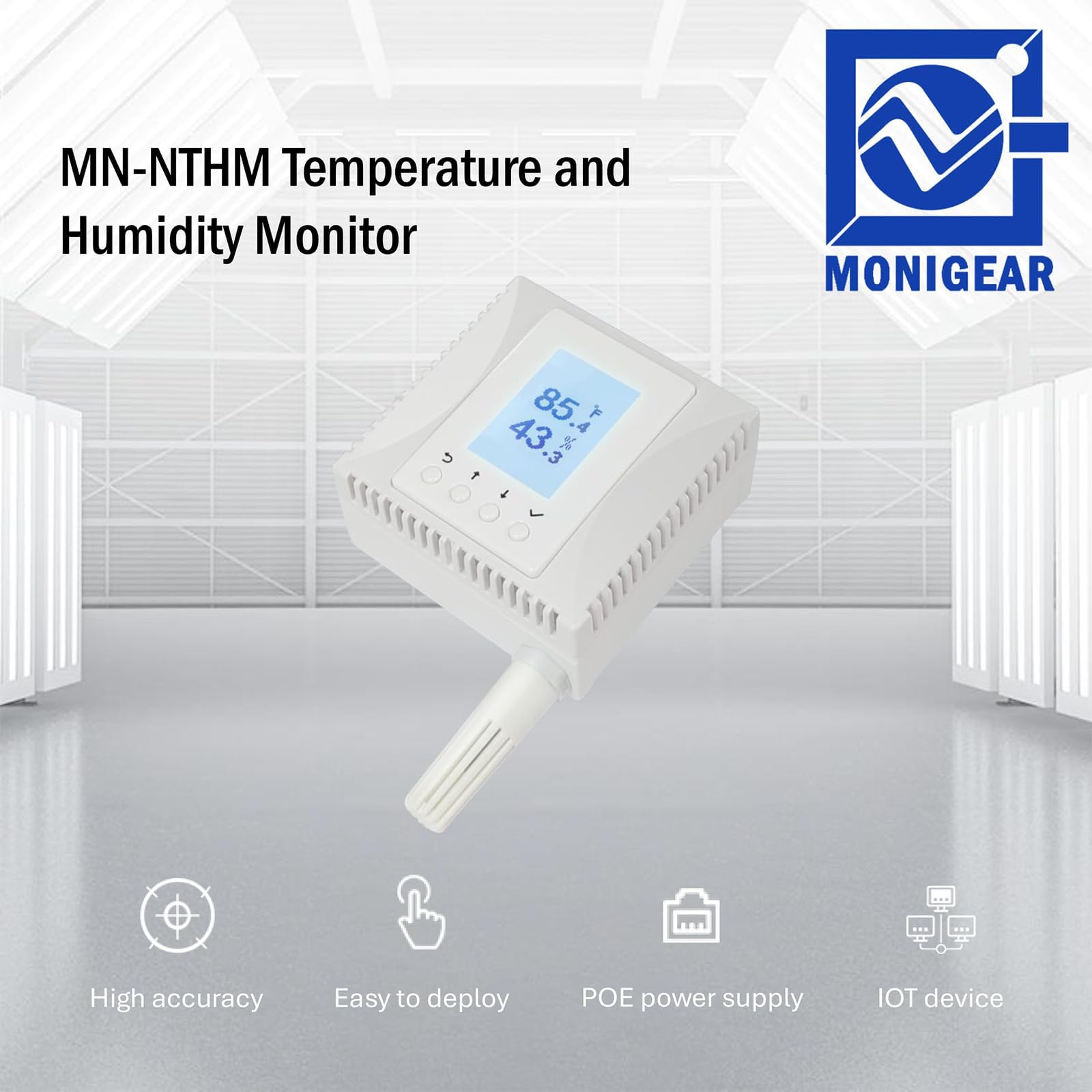 Sensore di Temperatura Umidità di Rete con PoE MONIGEAR - Monitor IoT, Supporto Protocolli MQTT, BACnet, SNMP, Modbus TCP, Integrazione AWS Azure Tuya Cloud