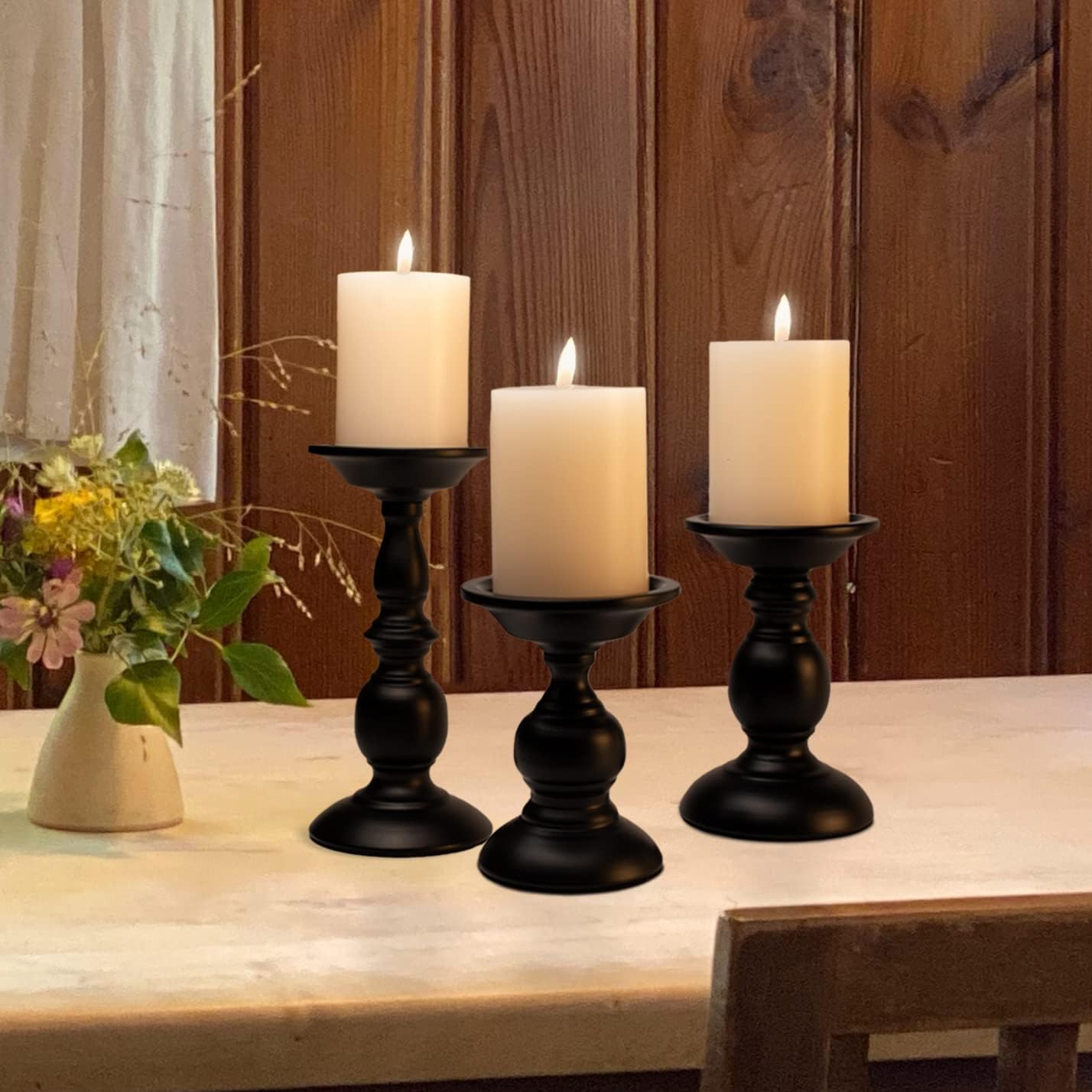 Black Iron Pillar Candle Holders Set of 3, 5.3/6.8/9.1 Inches