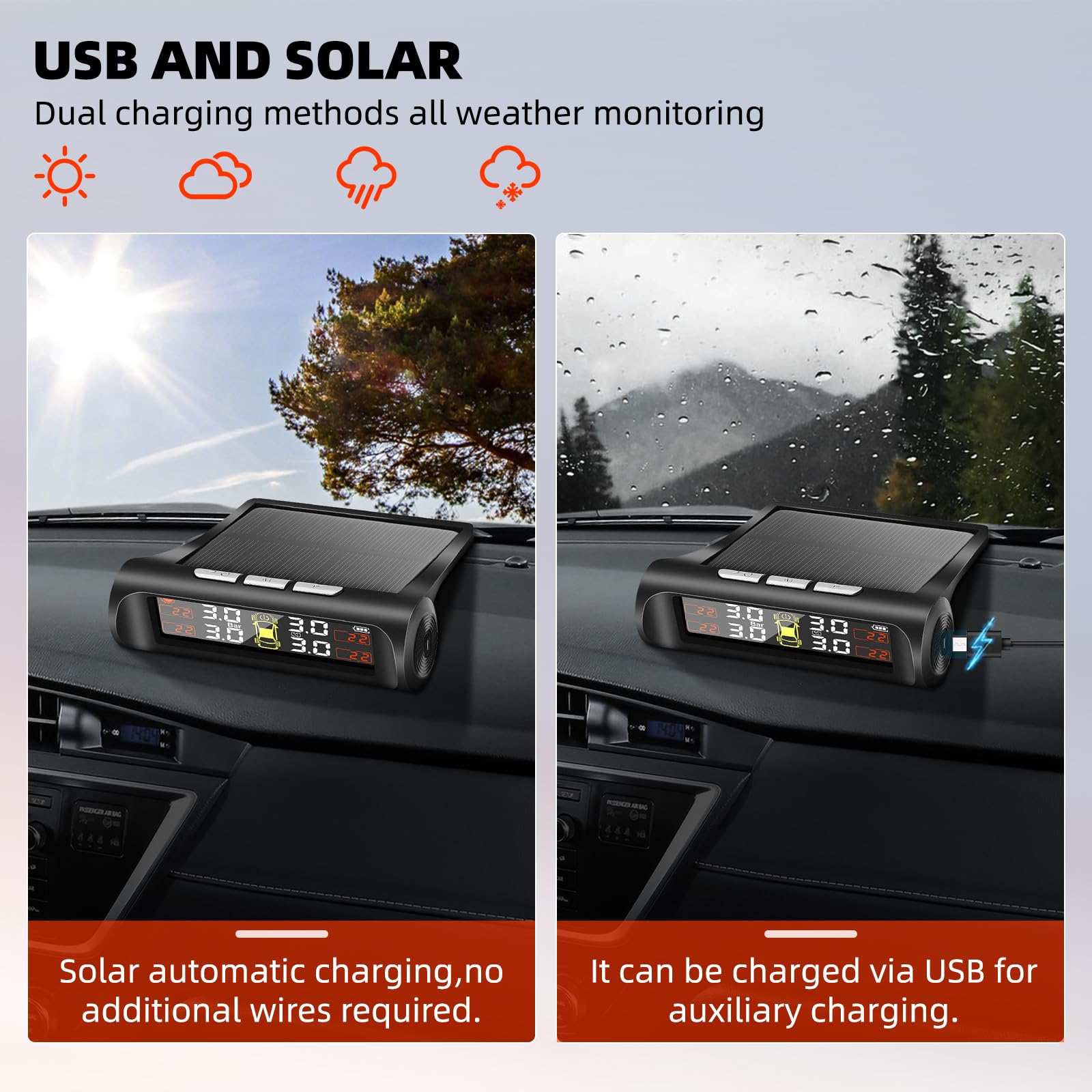 Geloo Solar TPMS Sistema de Monitoreo Control de Presión de Neumáticos con 4 Sensores,5 Modos de Alarma,5 Bar para Caravana Sedán SUV Coche