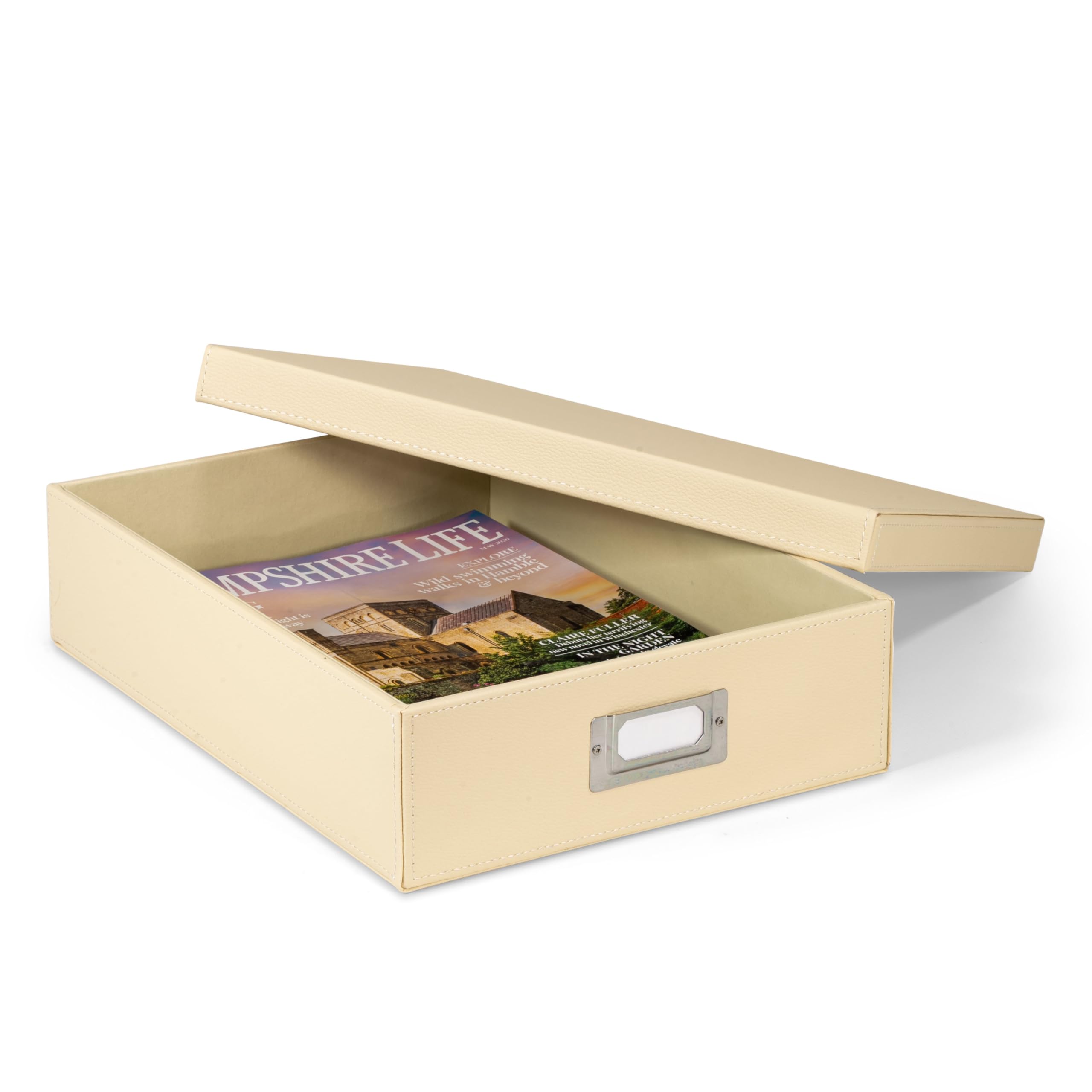 OSCO Faux Leather A4 Document Storage Box with Lid, Stackable Desk Paperwork Organiser for Files and Envelopes, Durable Filing Solution for Home or Office, 8.5×25×33.5 cm, Cream