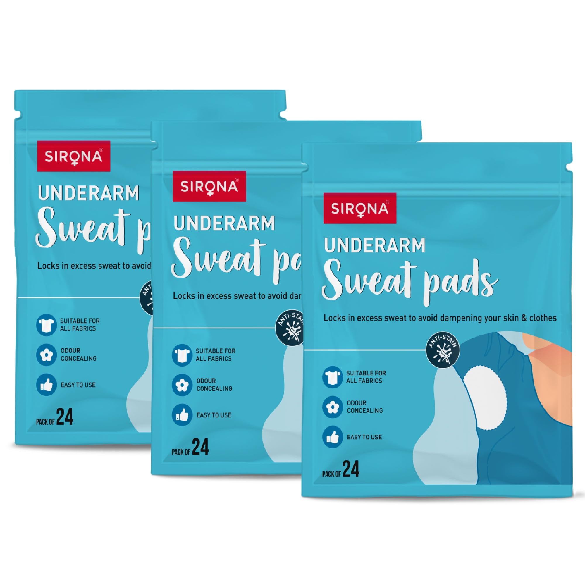 Sirona Disposable Underarm Sweat Pads for Men and Women - 24 Pads (Pack of 3) | Peel-off | Stain proof | Anti Perspiration