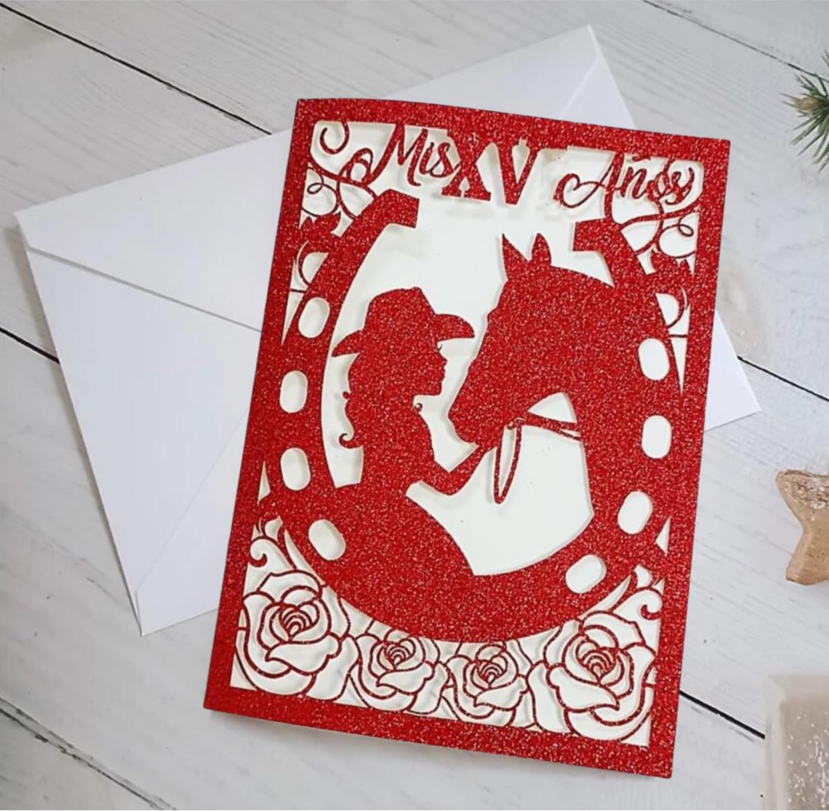 Quinceanera Einladungskarten aus Glitzer-Papier, 50 Stück, für 16 Partys, glitzernd, Pferd, Laserschnitt, Westernhochzeitskarten mit Umschlag (rot, ganzes Set)
