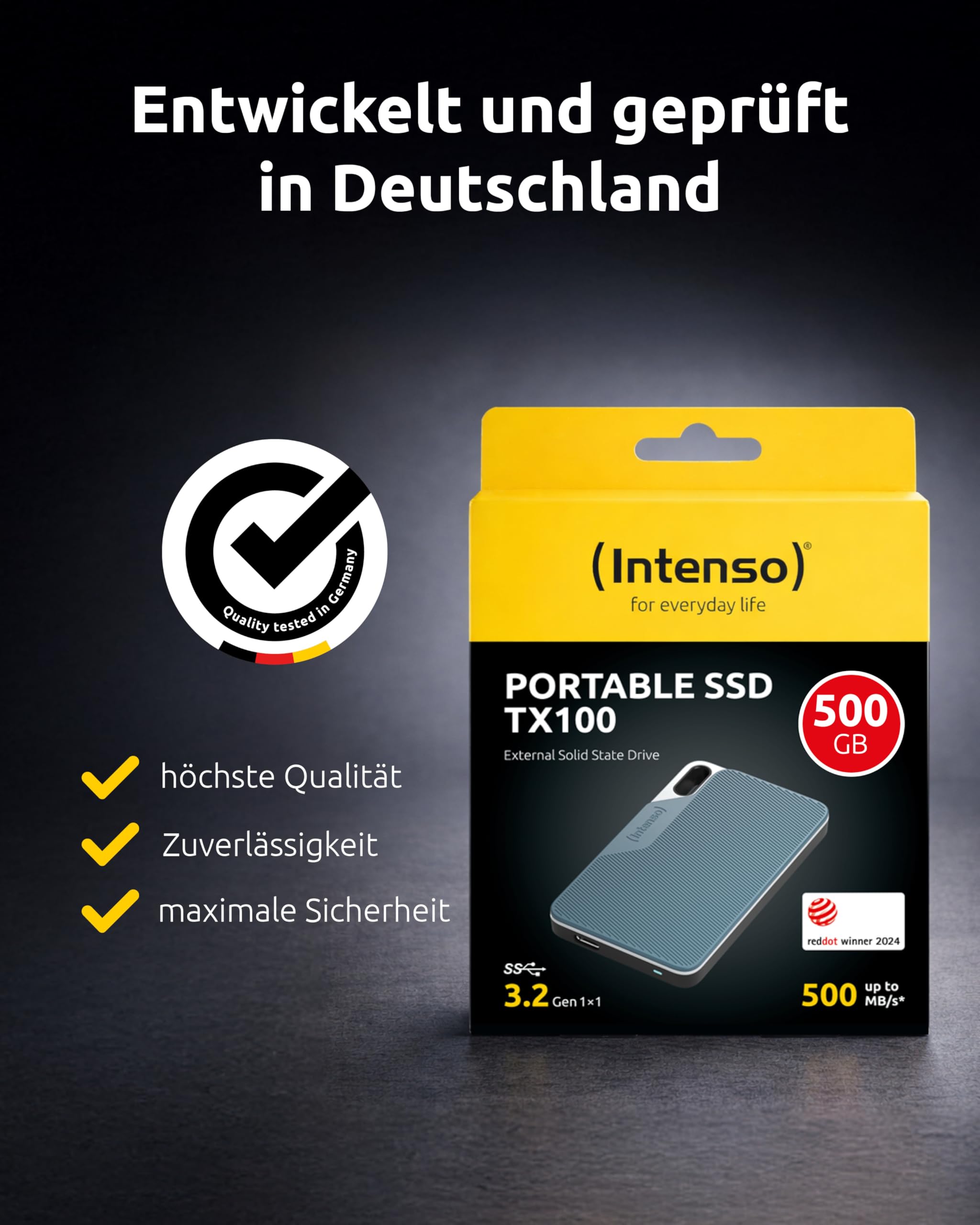 Intenso Externe SSD TX100 500GB – USB 3.2 Gen 1x1 (5 Gbps), bis zu 500 MB/s – schneller Speicher für PC, Laptop, Mac, PS5, PS4 & Xbox – kompakt & stoßfest