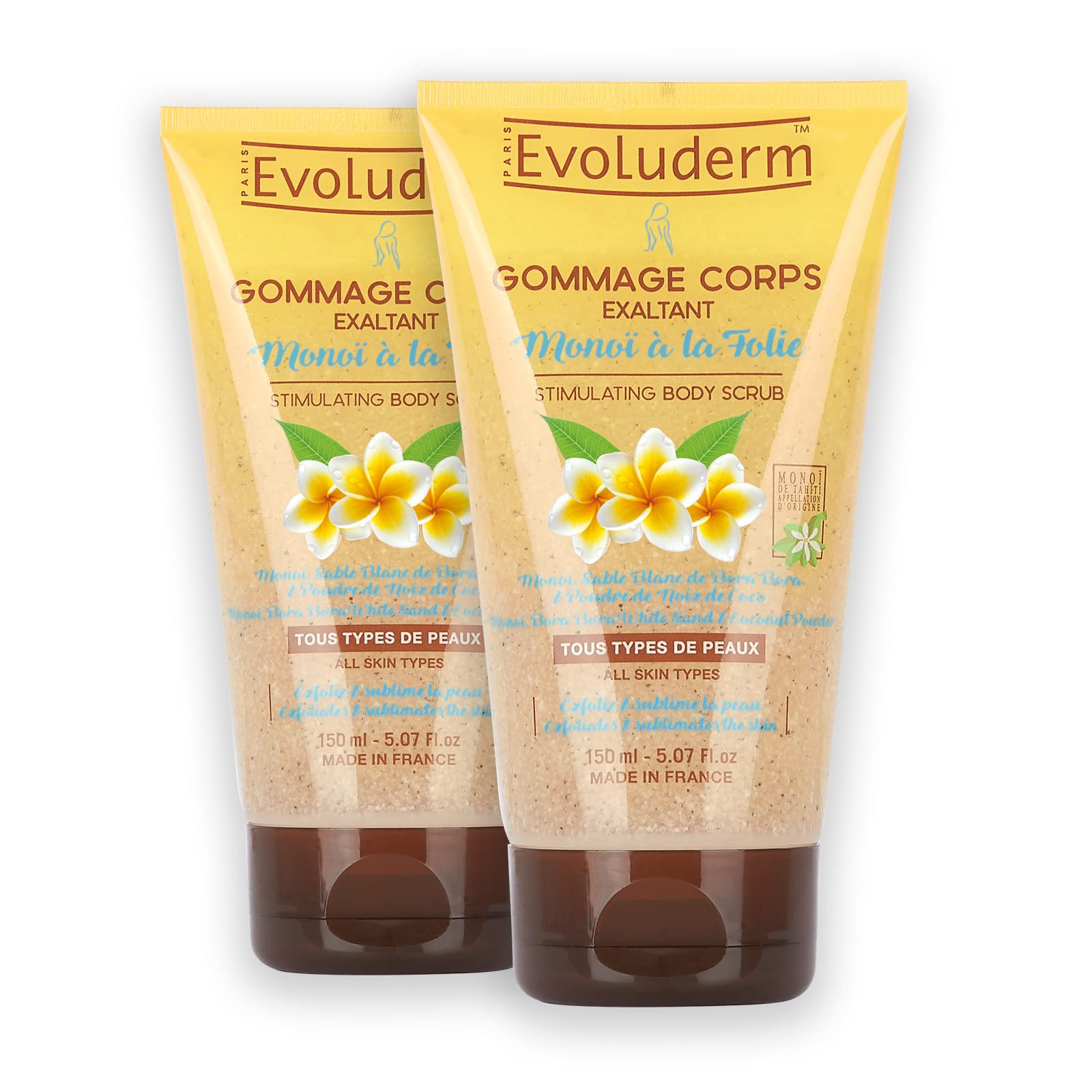 EVOLUDERM - Gommage Corps Exaltant Monoi à la Folie - 150 ml - 93% d’Origine Naturelle - Végan - Fabrication Française - Lot de 2 x 150 ml