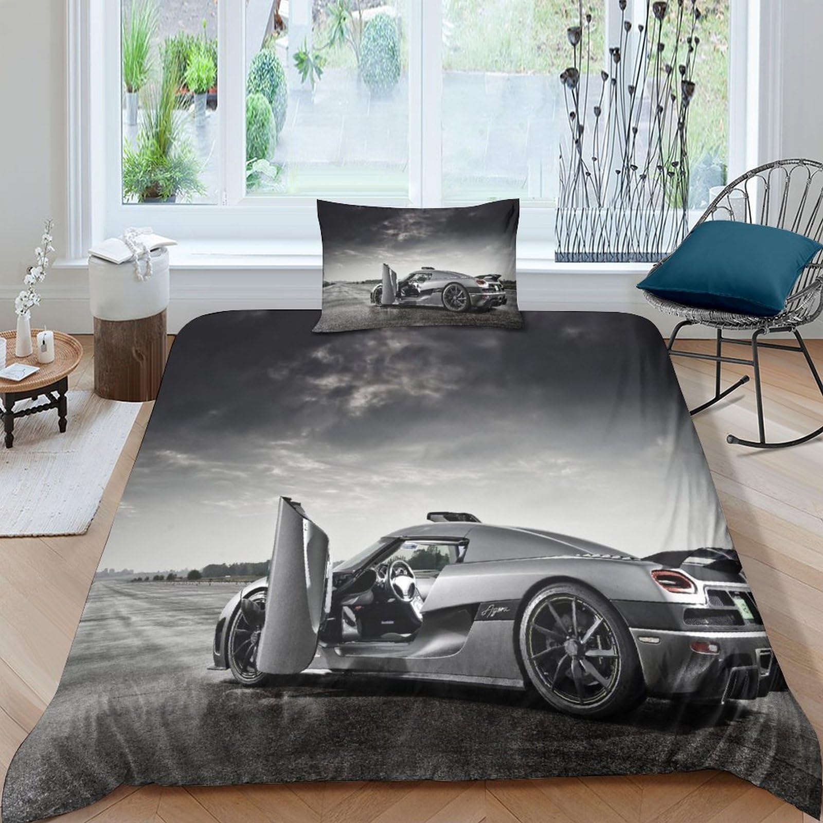 BARDYS Super Car Duvet Cover with Pillowcaser Kids 3D Printed Bedding Sports Car Comforter Cover Soft Microfiber Quilt Cover for Girls, Boys Bedding Set，with Zipper Closure Single（135x200cm）