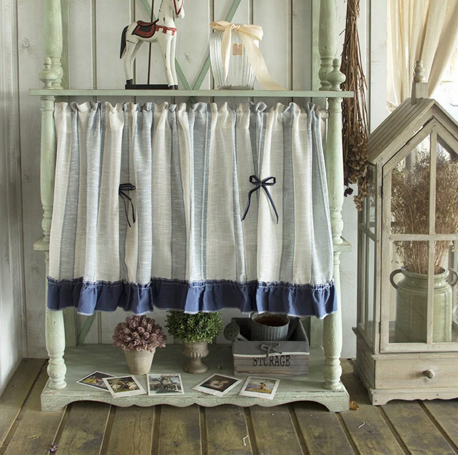 A.Monamour Gardine Scheibengardinen Kurzstores Mittelmeer Baumwoll Leinen Textur Weiß Blau Gestreifter Vorhang mit Schleife Kurzgardinen Küchengardine Küche Fenster Kurz Vorhang Stores Bistrogardine