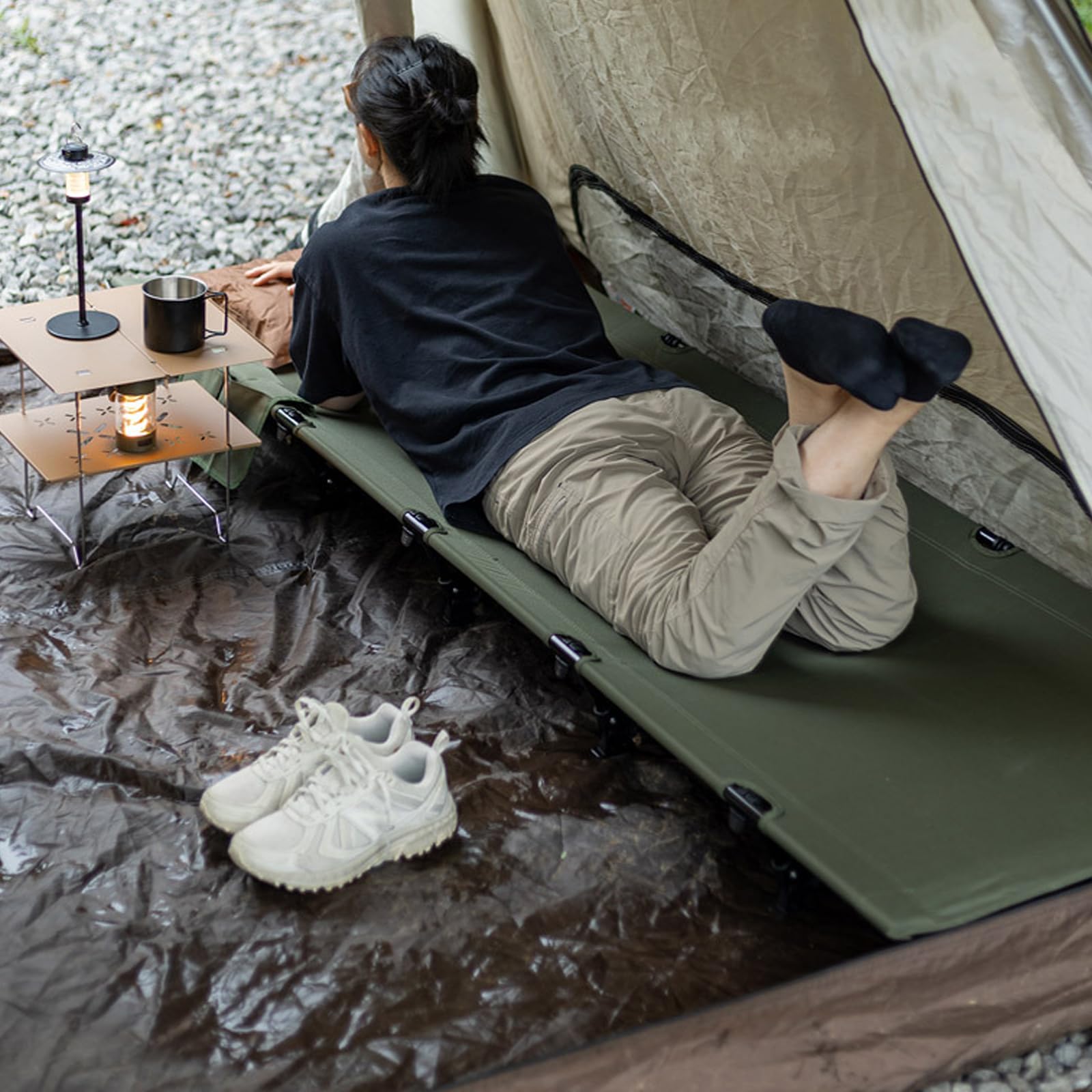 MINGLEA 150KG Folding Camp Bed Fishing Bed Camping Bed for Outdoor Travel Aluminum Alloy Camping Bed for Adult with Side Pockets