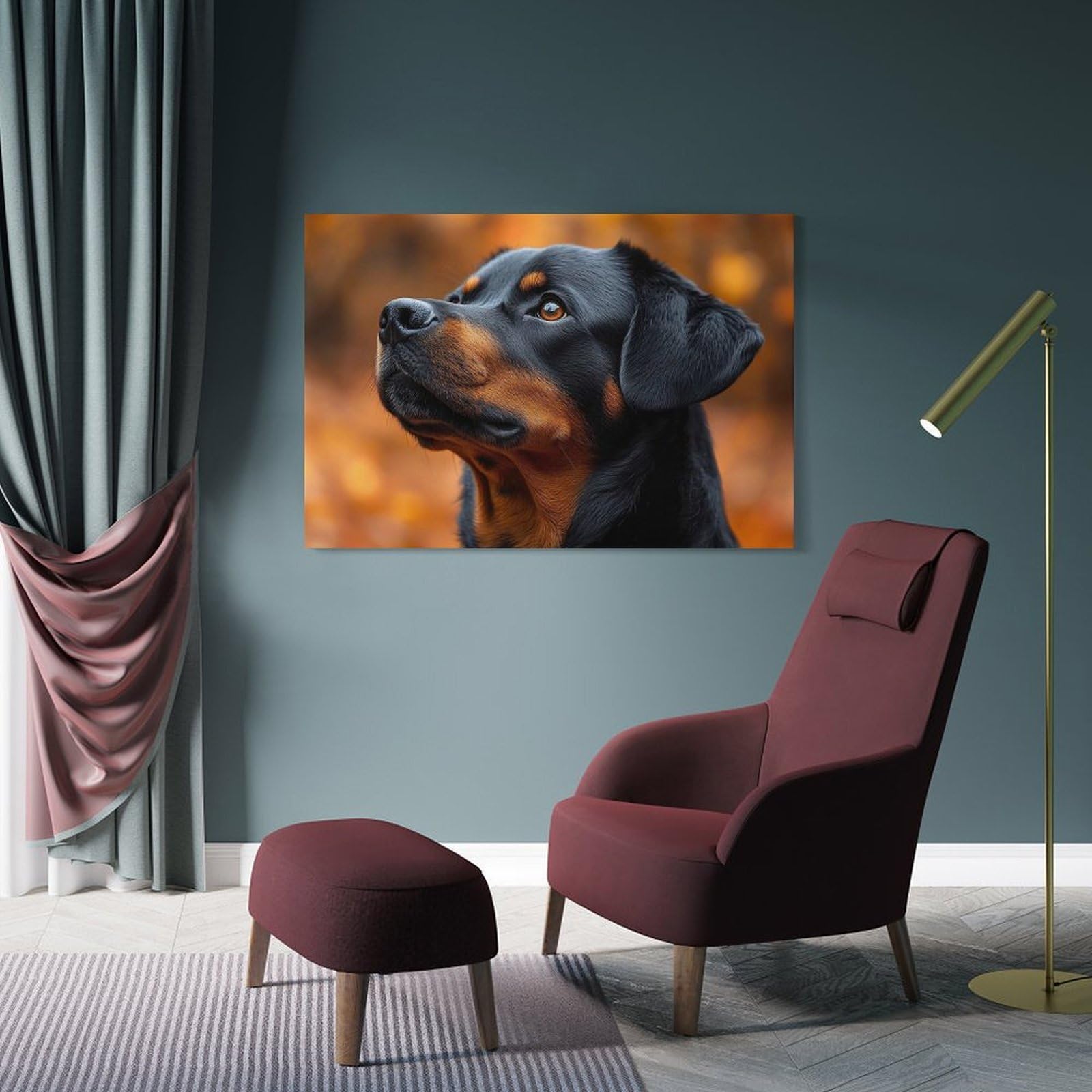 Junmoney Rottweiler Portrait with Autumn Background Wall Picture Print, 20x30inch(50x75cm), for Home Office, Desk Area Or Studio, Decorative Artwork for Productive Spaces