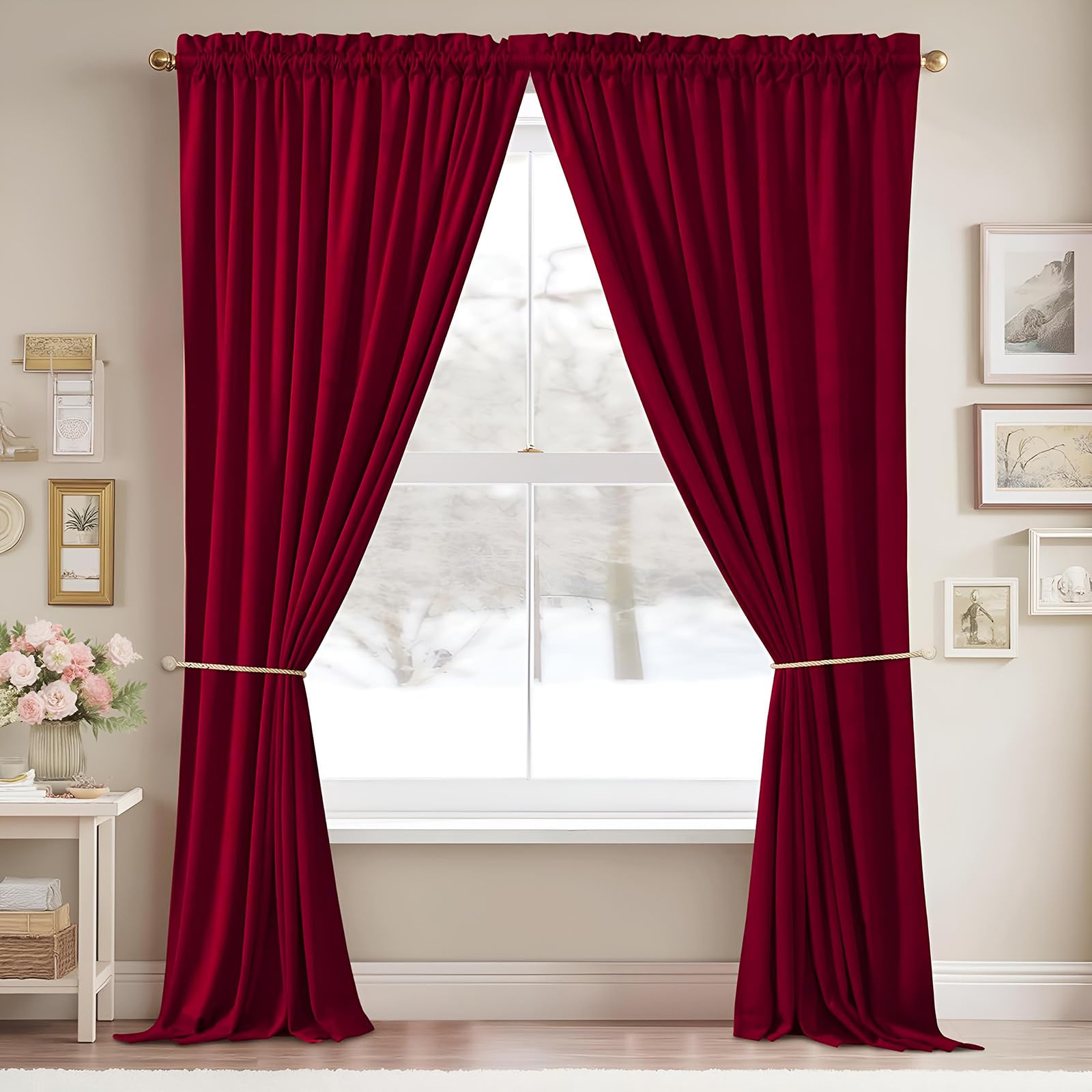 Cortinas opacas térmicas de terciopelo rojo para dormitorio, sala de estar, comedor, cine en casa y estudio, elegante tratamiento de ventana para privacidad y comodidad