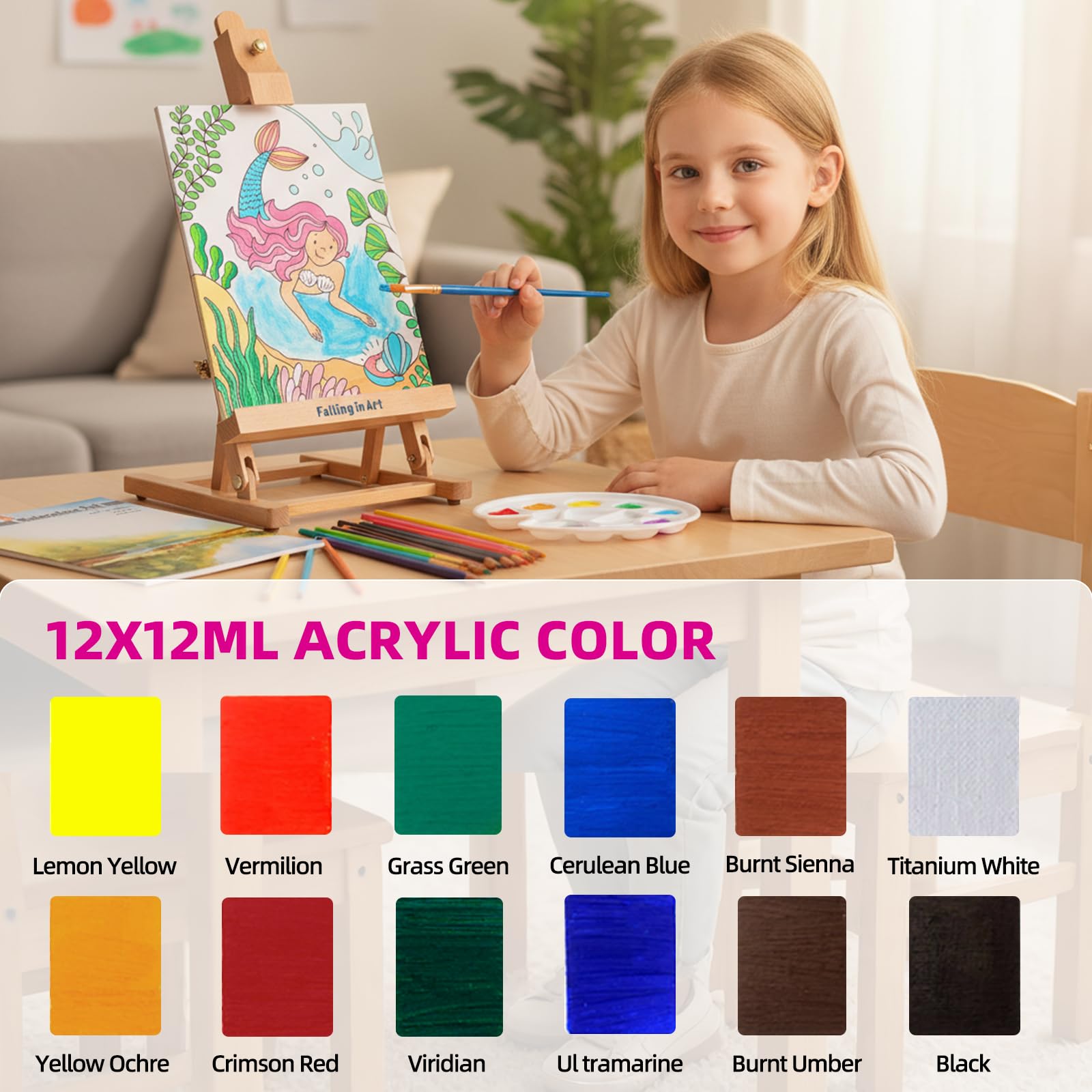 Falling in Art Juego de caballete de mesa, kit de pintura de caballete de madera portátil para niños, caballete para pintar lienzos, incluye pinturas acrílicas de 12 colores, 10 pinceles y 4 paneles
