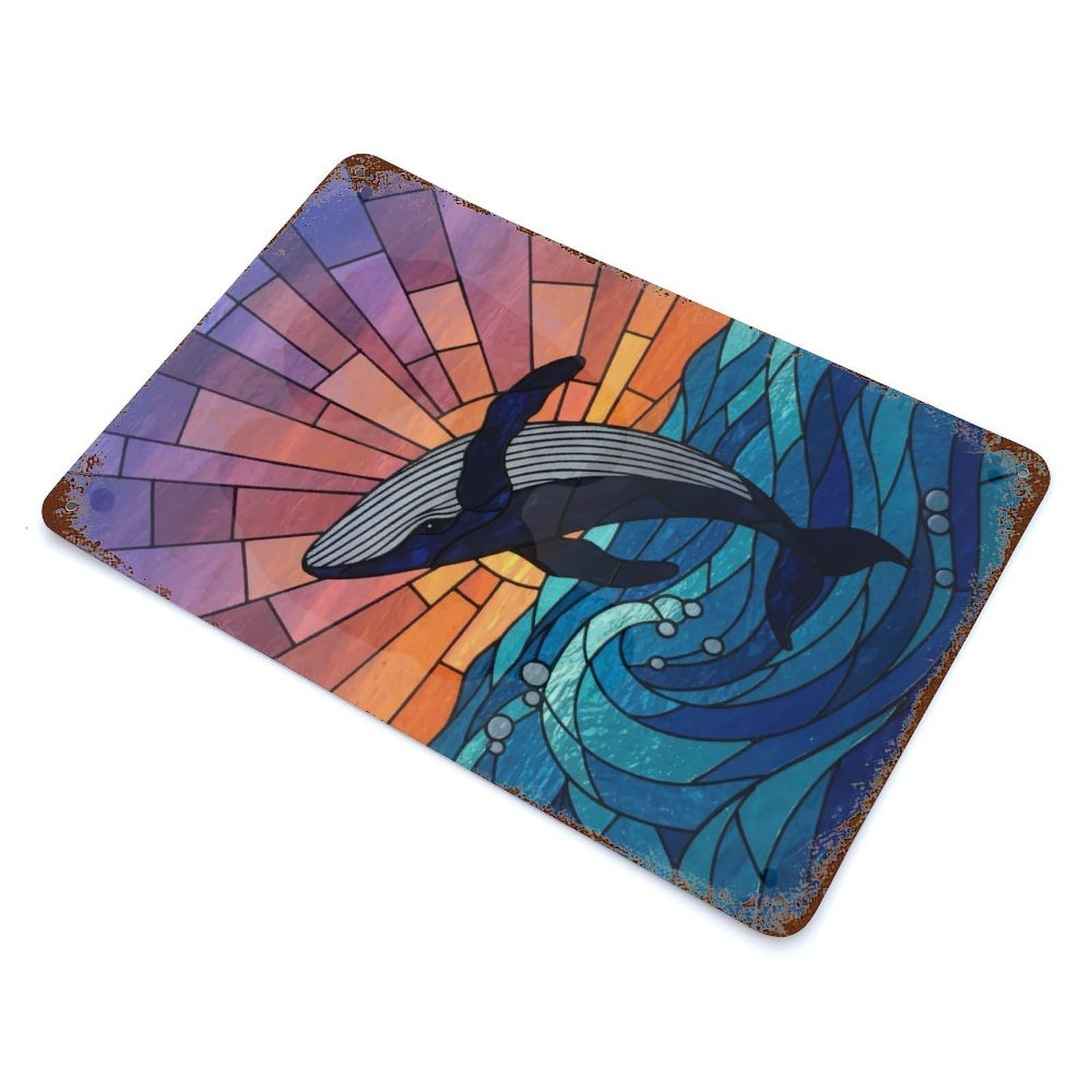 Garage Style Stained Glass Whale Leaping from Ocean Rusty Metal Tin Sign 11.8"x7.9", Farmhouse Wall Decor for Bar And Workshop