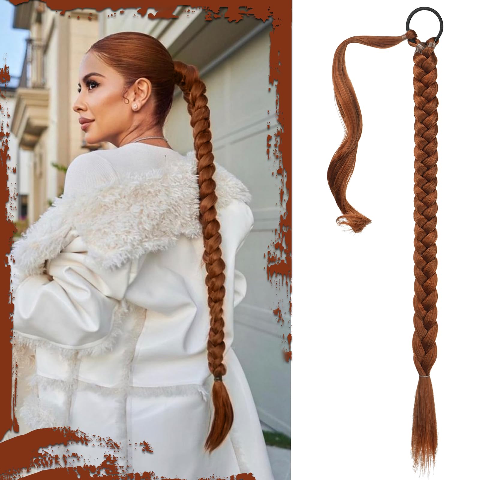 Sofeiyan Long Braid Ponytail Extension with Hair Tie Straight Sleek Wrap Around Hair Extensions Braid Pony Tail Fluffy Natural Soft Synthetic Hairpieces for Women Daily Wear 30 inch-Copper Red