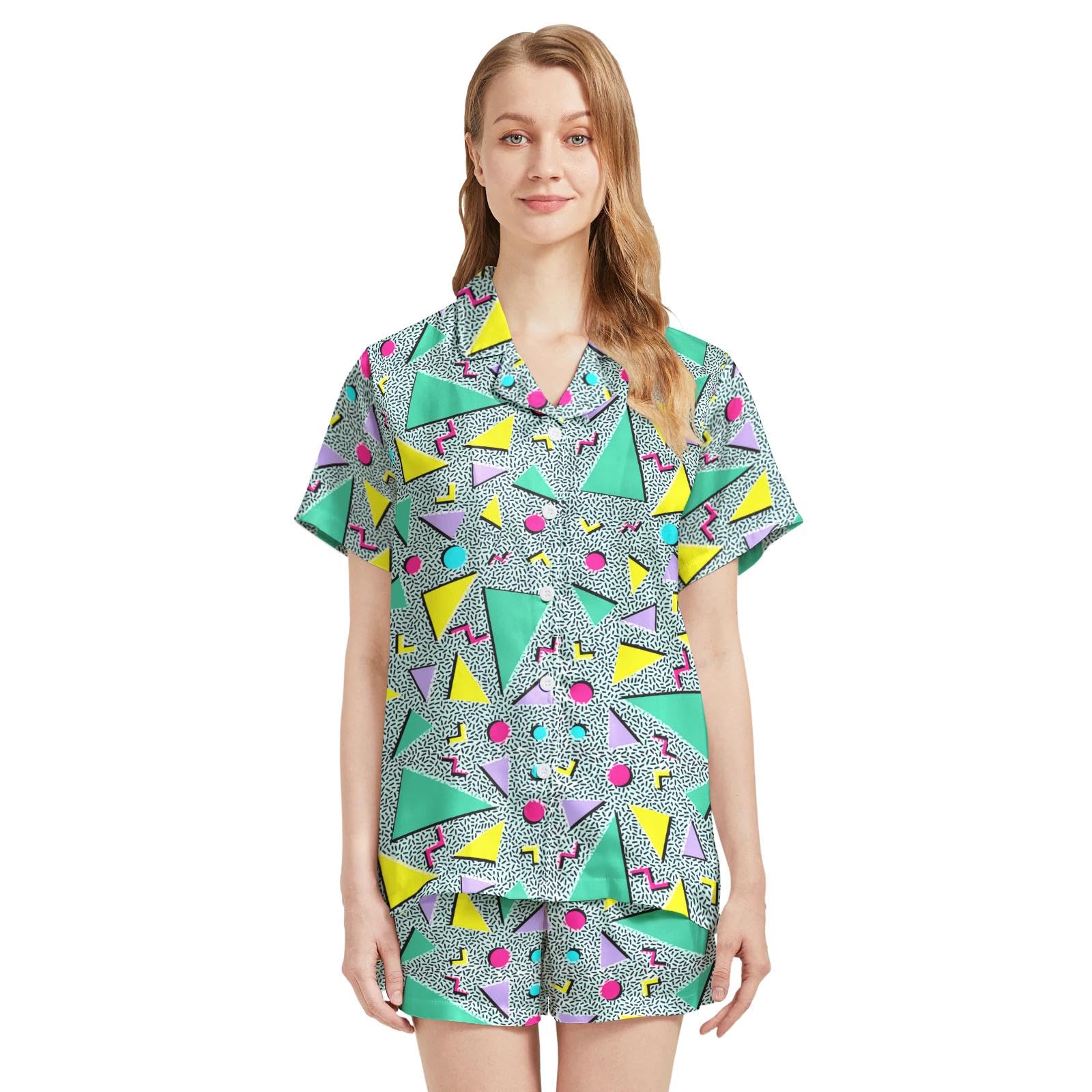 Funny Pajamas for Women Set Print Satin Loungewear Pjs Short Sleeve Button Down Top and Shorts Sets Sleepwear XS-3XL