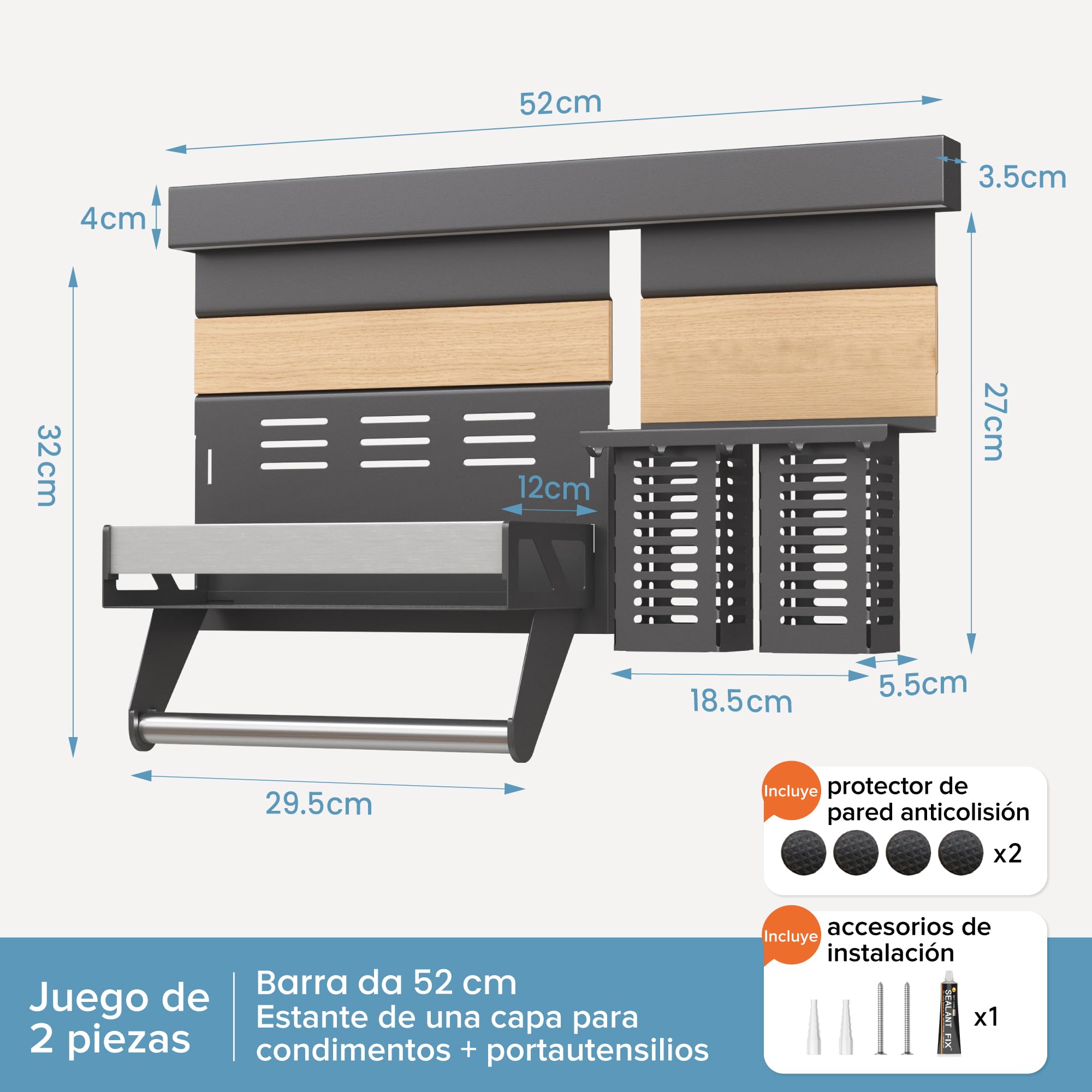 doporro Estante de Cocina Gris con Riel de Aluminio 52 cm, Organizador en Acero Galvanizado Desmontable, con Estante de Especias, Soporte para Papel, Portautensilios y Ganchos