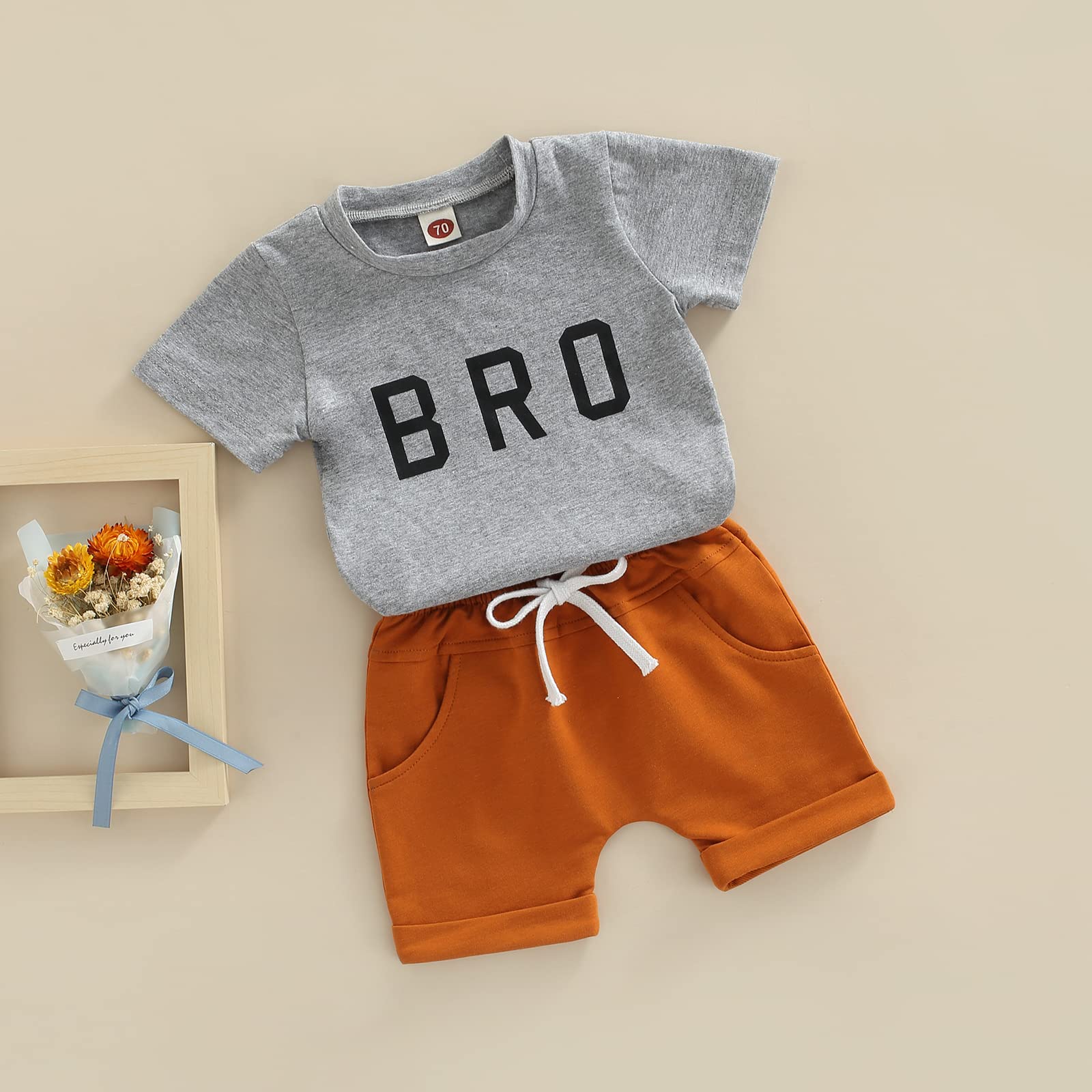 Newborn Baby Boy Clothes Short Sleeve Letter Printed Top Drawstring Shorts Summer 2Pcs Outfits (Gray Bro, 18-24 Months)