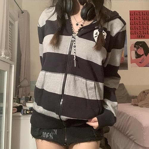 Miniatura 2 de XFLnaraz Sudadera Harajuku con capucha vintage para mujer, manga larga, con cremallera, chaqueta de gran tamaño con bolsillos