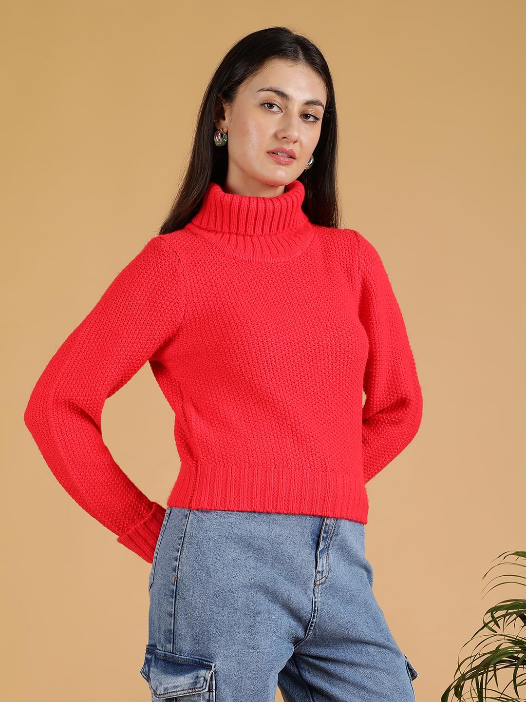 KOTTY Damski sweter z dzianiny z golfem, elegancki, dopasowany krój, zimowy sweter z solidnym wzorem