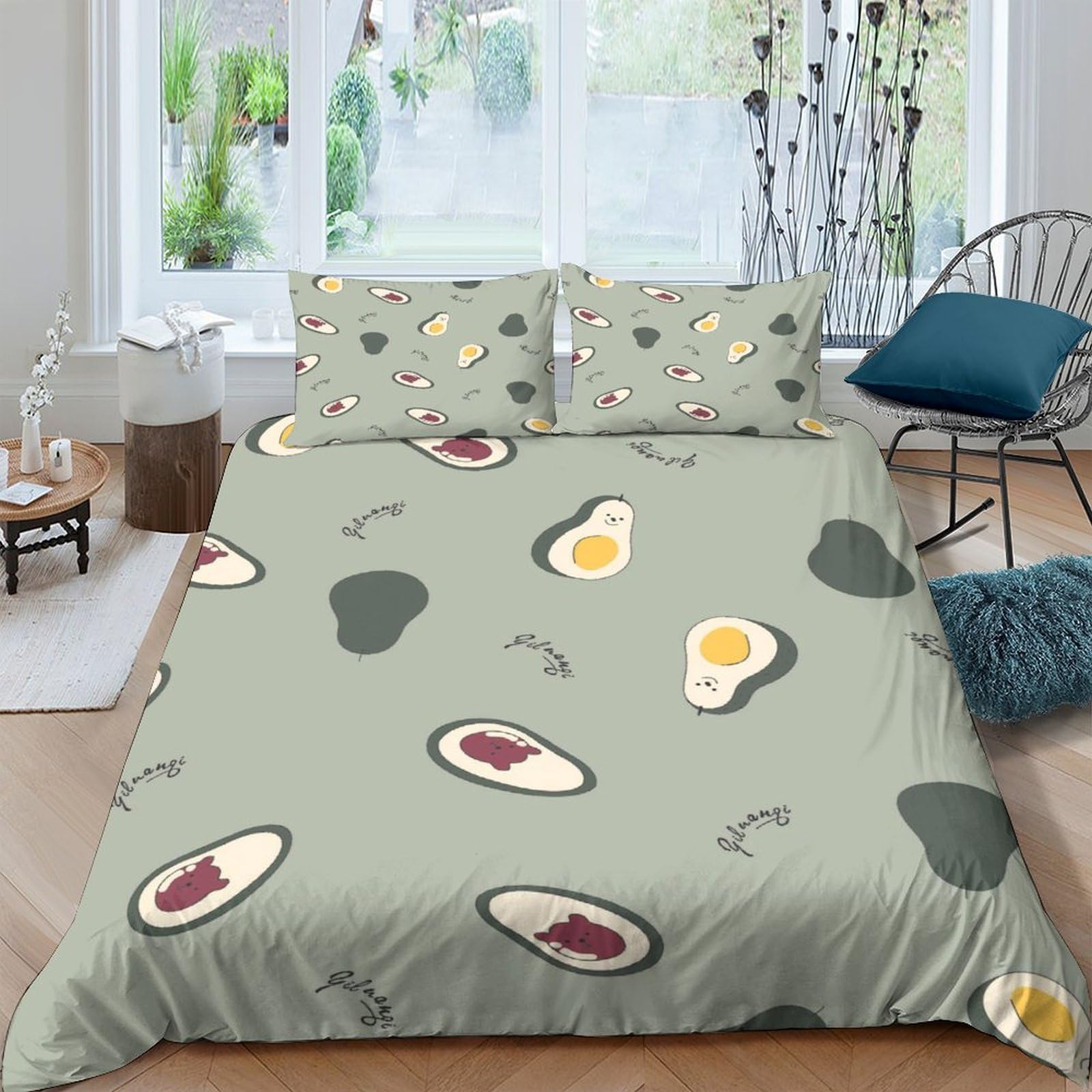 GPLZQXKJNH 3D Printed Avocado Fried Egg Duvet Cover Set Microfiber Soft Breathable Steak Bedding with 2 Pillowcases for Bedroom Decor Single（135x200cm）