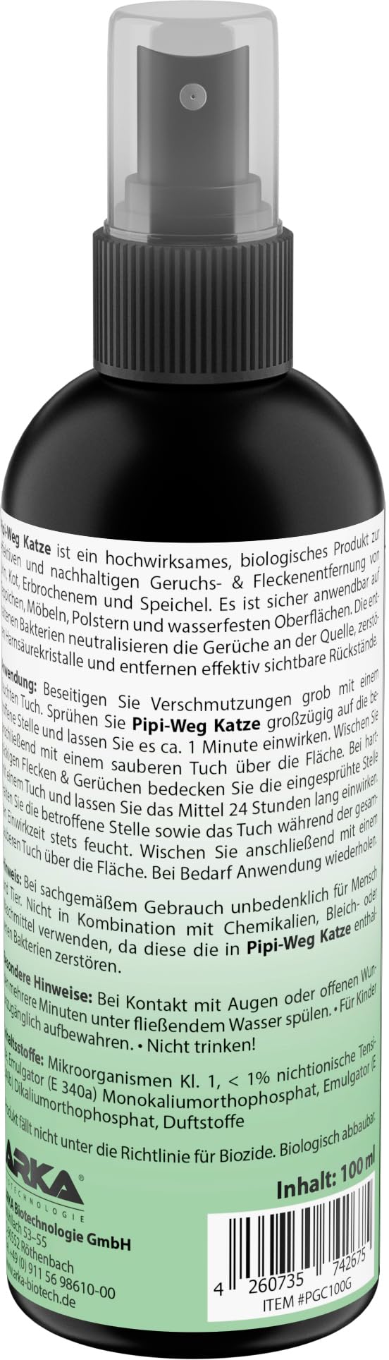 Spray enzimi urina gatto 100 ml – Pipi-Gone di ARKA – rimuove odori e macchie di pipì, feci e vomito – sicuro, biologico e senza profumi – ideale per viaggi, test, lettiera, divano, tappeti, tessuti
