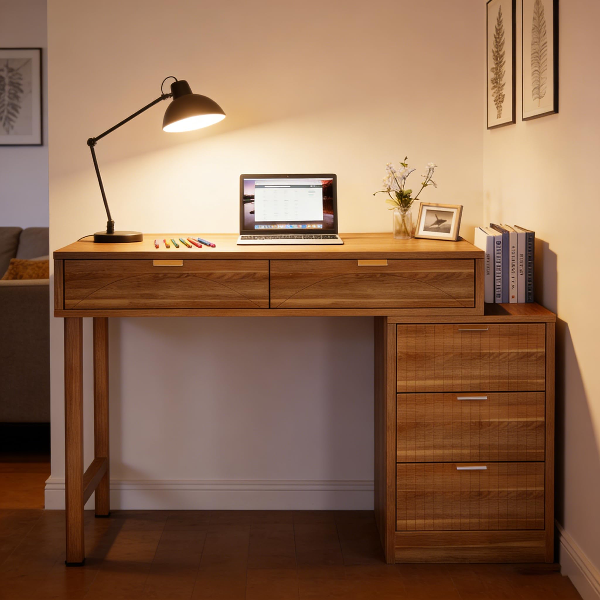 Scrivania per computer 5 cassetti, reversibile, in legno,
