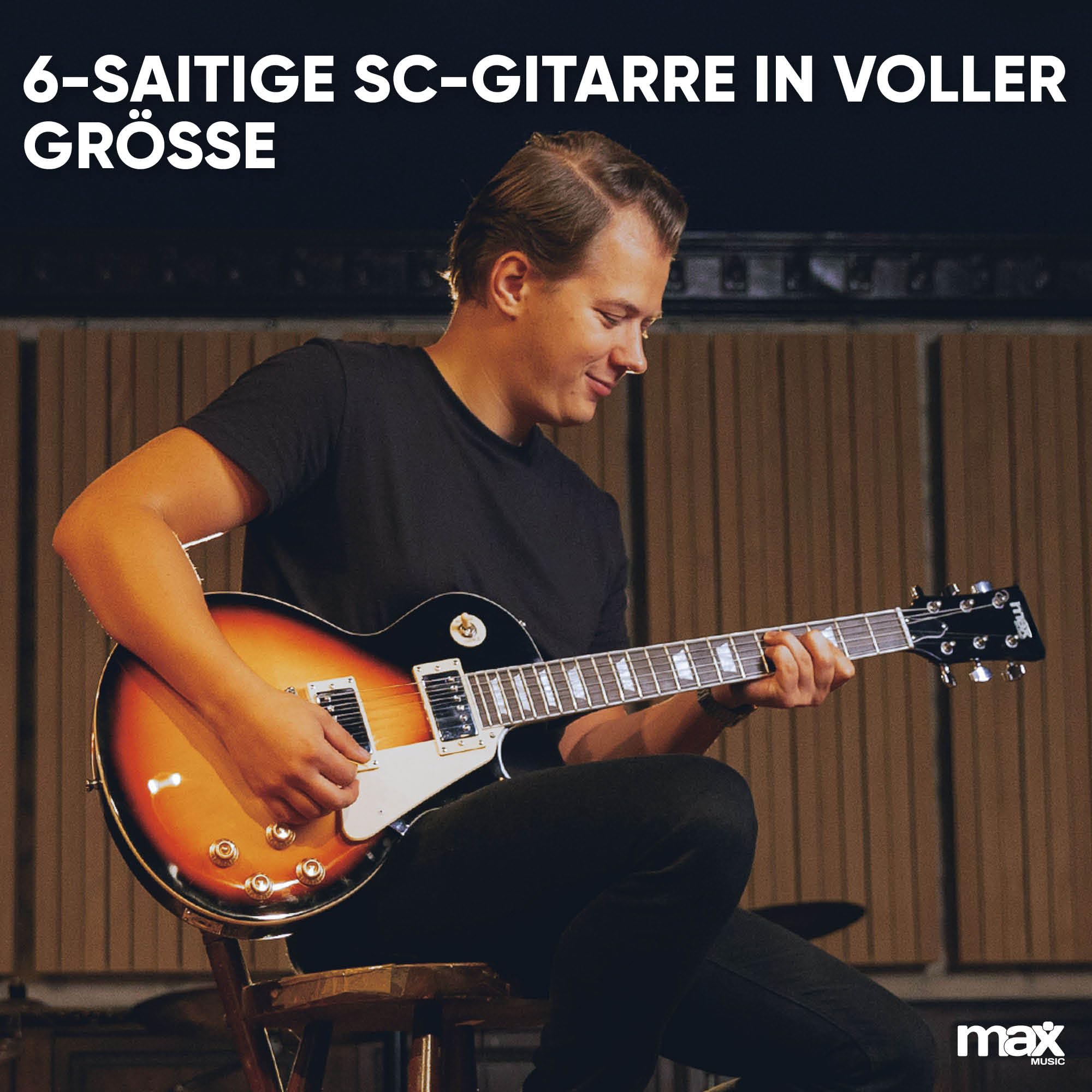 Max GigKit SC E Gitarre, E Gitarren Set mit Gitarrenverstärker, Tasche, Plektrum, Stimmgerät, Instrumentenkabel, Ersatzsaiten, Gitarrengurt, 22 Bünde - Sunburst
