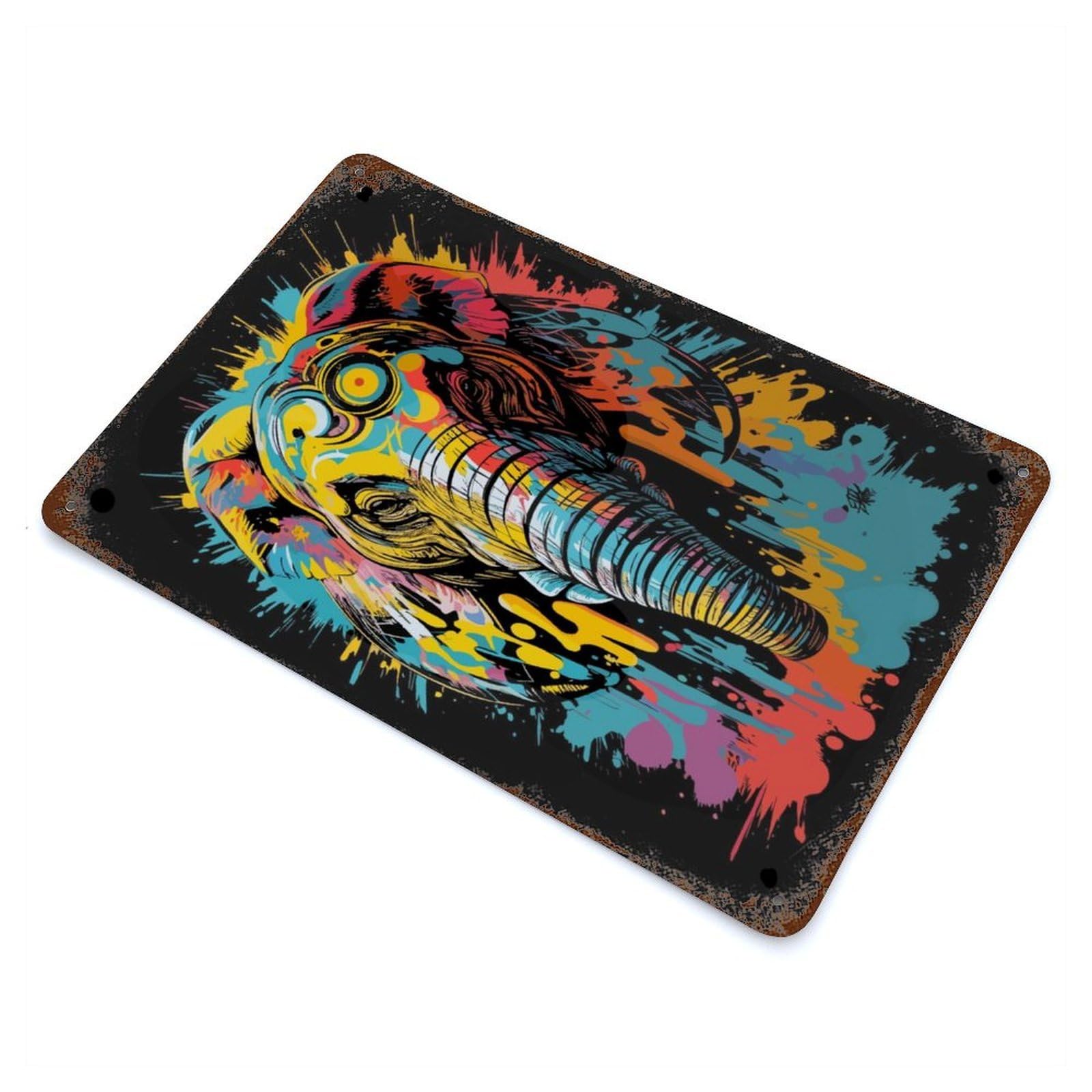 Elephant Head Graffiti Rust Effect Tin Sign 11.8"x7.9", Ideal for Farmhouse, Kitchen And Entryway Decor