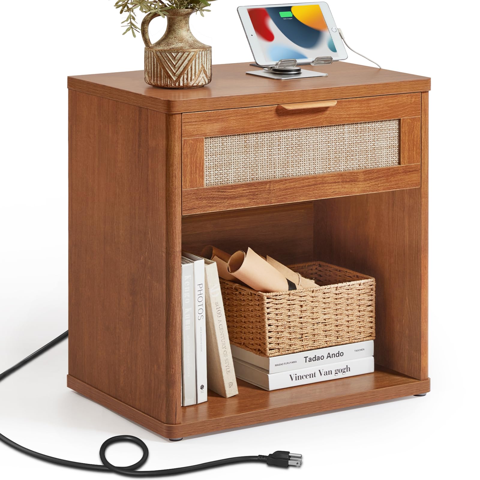 LEYAOYAO Rattan 23" Nightstands with Charger for Bedroom
