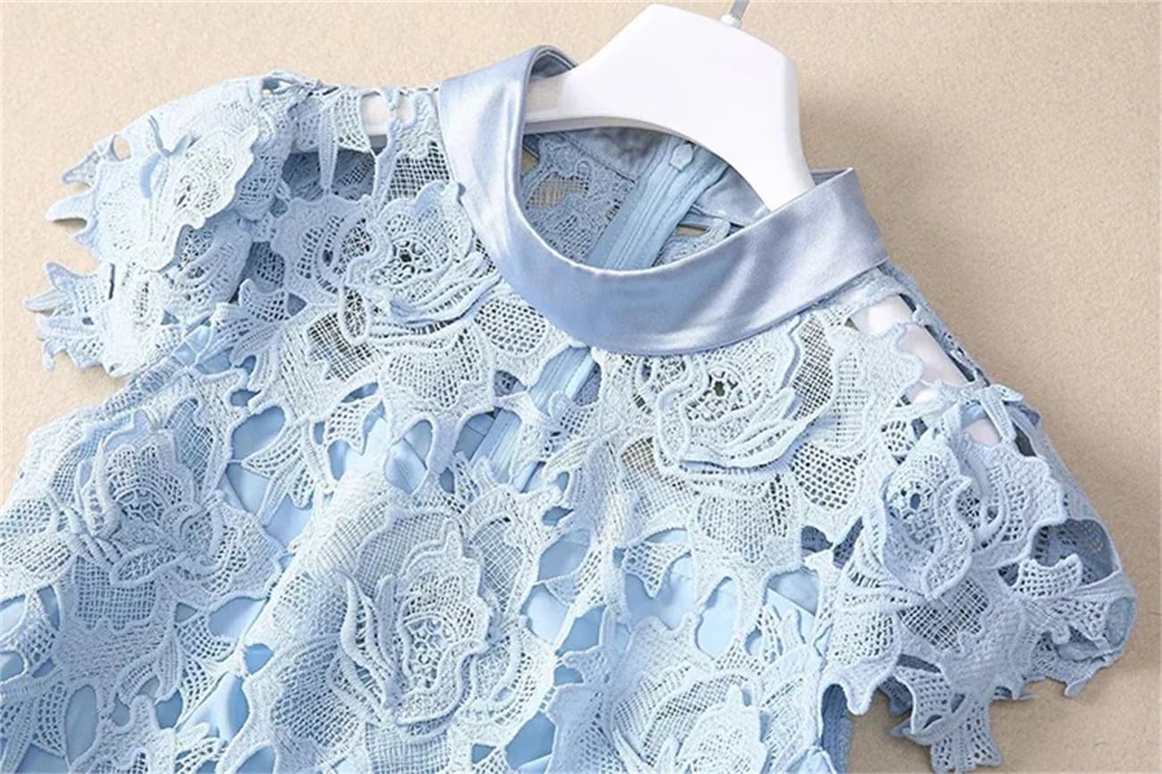 Yeuyyben Moda Primavera Donne Vestito Manica Corta Stand Collare Chic Pizzo Scava Fuori Estate Elegante Partito Abiti