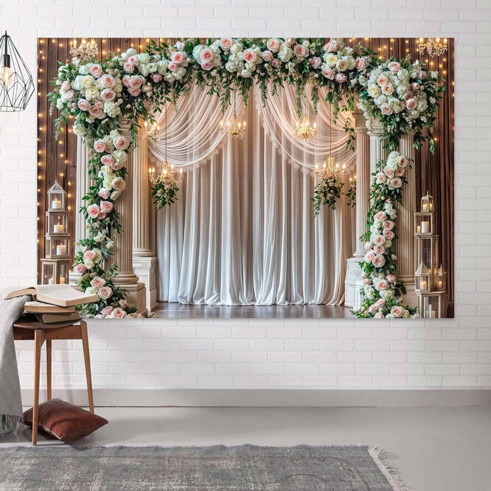 3 x 2,4 m ślub drewniane tło brokatowe biała zasłona róża kwiatowy ściana drzwi fotografia tło zachodnie vintage rocznica ślubu baner urodziny baby shower sesja zdjęciowa dekoracja rekwizyty dekoracja