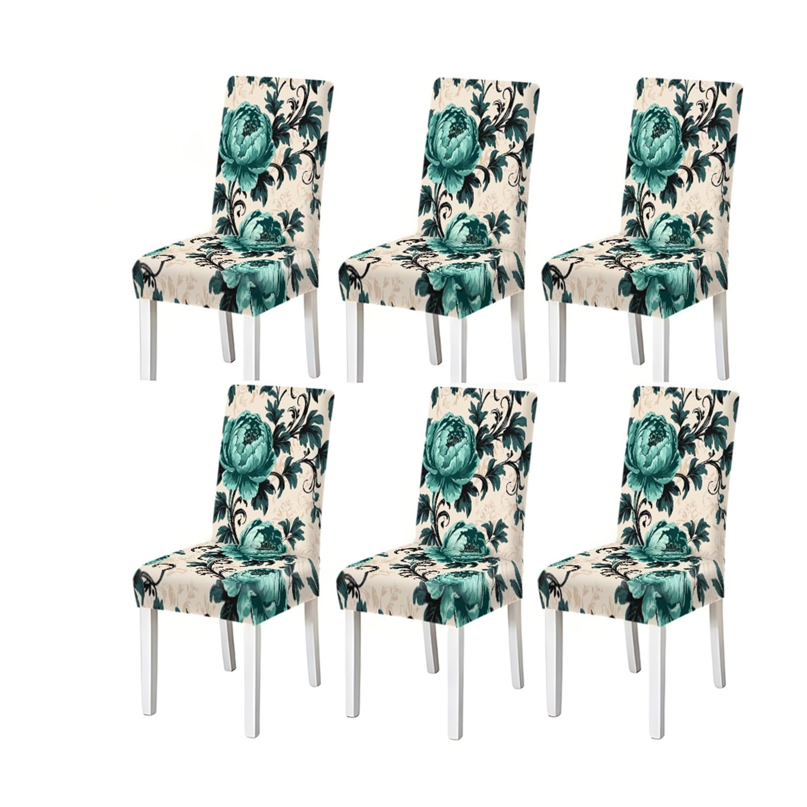 Kxuauv One Color Elegant Teal Peony Floral Print Stretch Dining Chair Covers, 2/4/6 Pcs For Home Kitchen Party Seat Protectors For Restaurant Hotel Party(6Pcschair Cover)