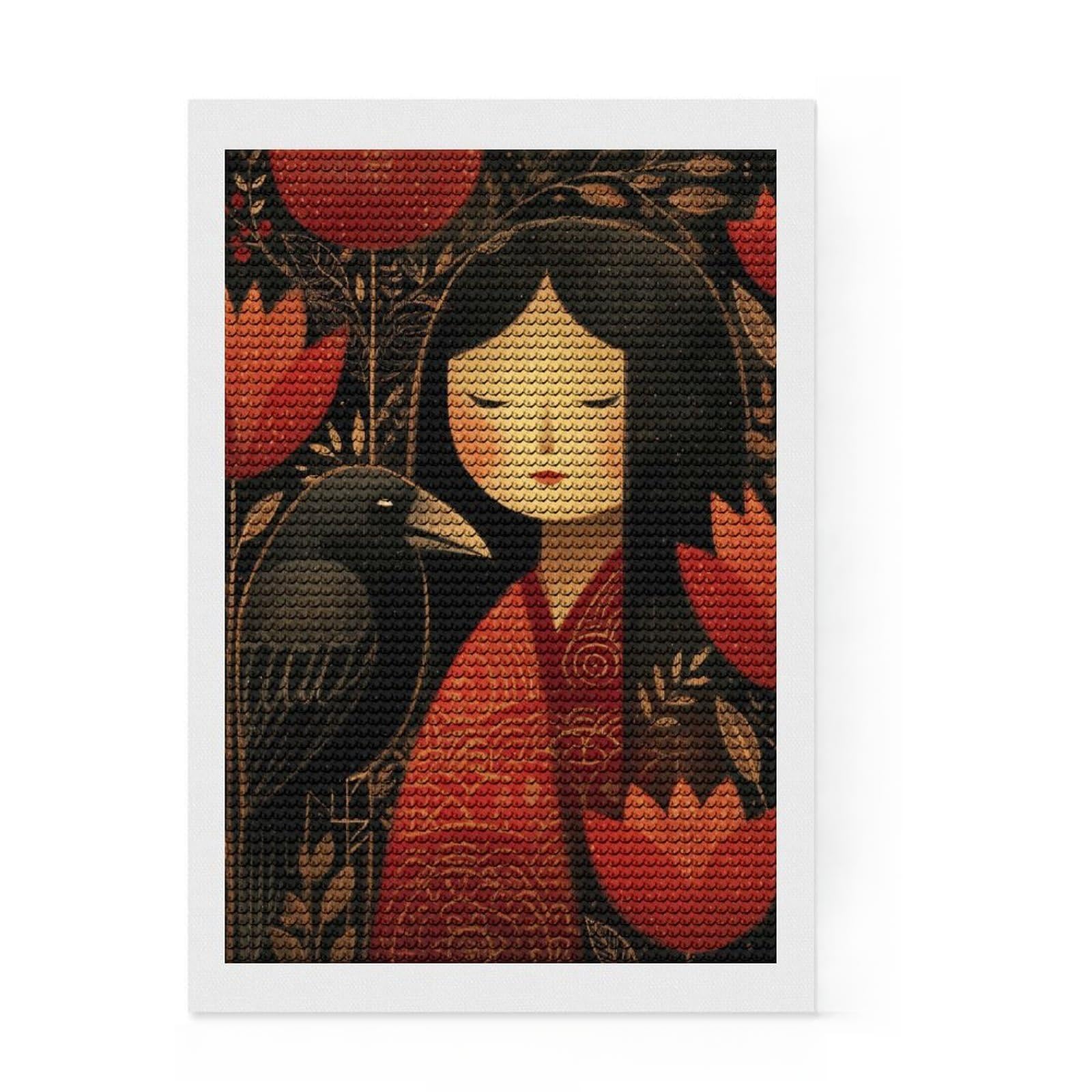 Junmoney Cute Kokeshi Girl with Raven Diamond Painting Set 8"x12", Relaxing DIY Hobby, Simple to Start, Aesthetic Room Decor, Gift Idea, Easy to Enjoy