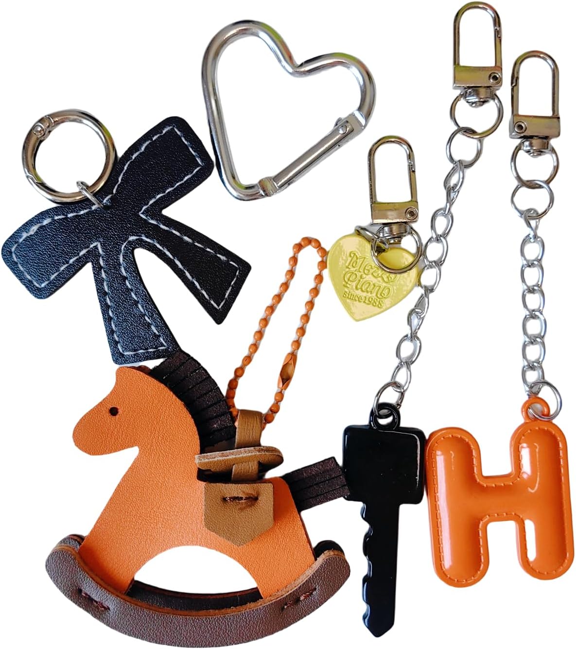 8-Piece Designer Leather Rocking Horse Bag Charm Set - Y2K Orange PU Letter H, Gold-Toned Heart Black Leather Bow Keychains with Ropes and Cord Kawaii Handbag Accessories - Image 2