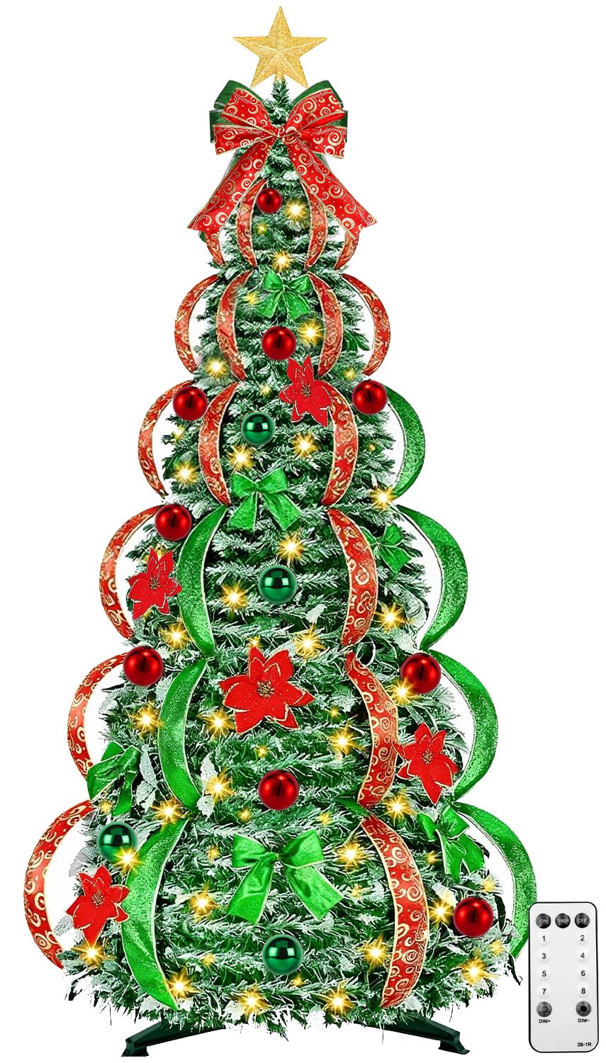 Photo 1 of [ 8 Modes & Timer ] 6Ft Prelit Full Pop Up Flocked Pencil Christmas Tree with 200 Warm White LED Lights, Balls, Red & Green Ribbon, Bows, Plug in Collapsible Xmas Tree Outdoor Indoor Christmas Decor
