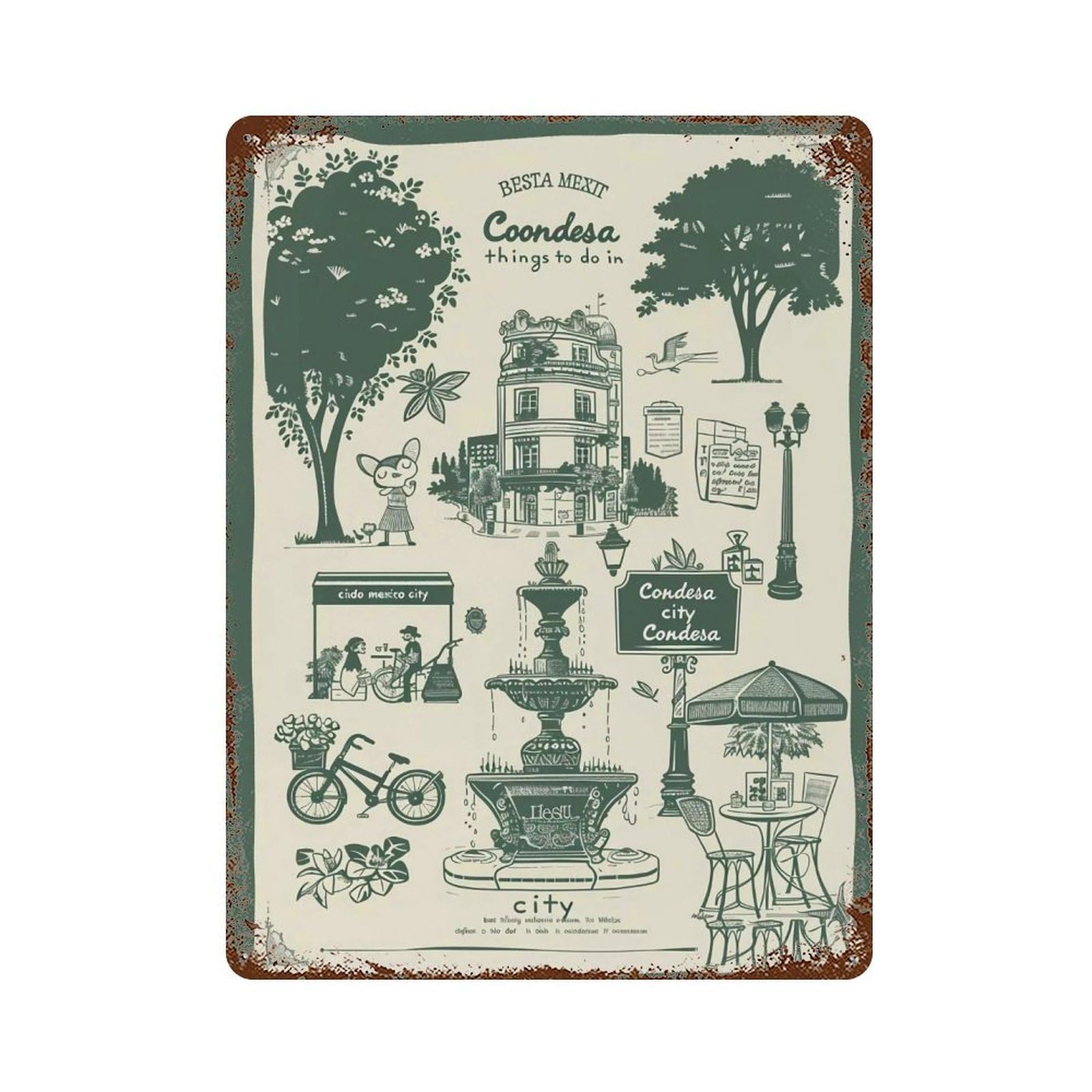 YHGERTKU Best Things To Do In Condesa Mexico City Linocut 04 Wall Art Retro Iron Vintage Metal Tin Sign Poster Modern Decor for Living Rooms Gift 40x30cm