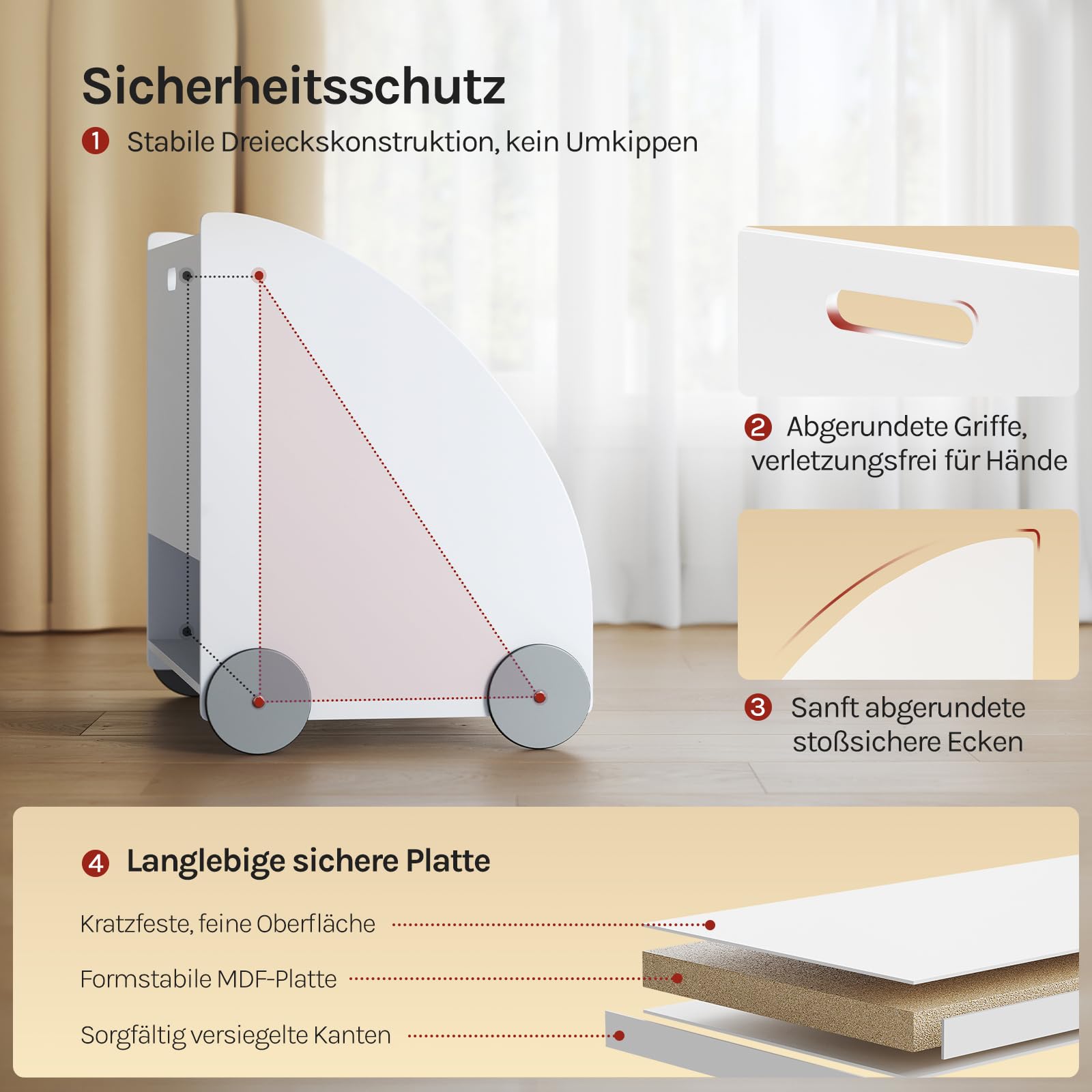 WOLTU KR002 Kinderregal Bücherregal für Kinder, Spielzeugregal mit Räder 3 Regale , Holz Standregal Kinderzimmerregal Mehrzweck Organizer(Weiß)