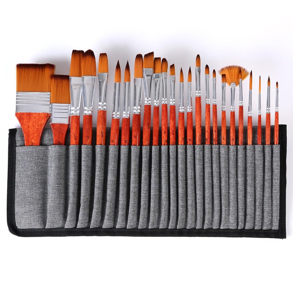 Paquete de 24 Pinceles Profesionales de Nailon para Pintura acrílica y Gouache con Cabezal Plano y Pincel para Lienzo.