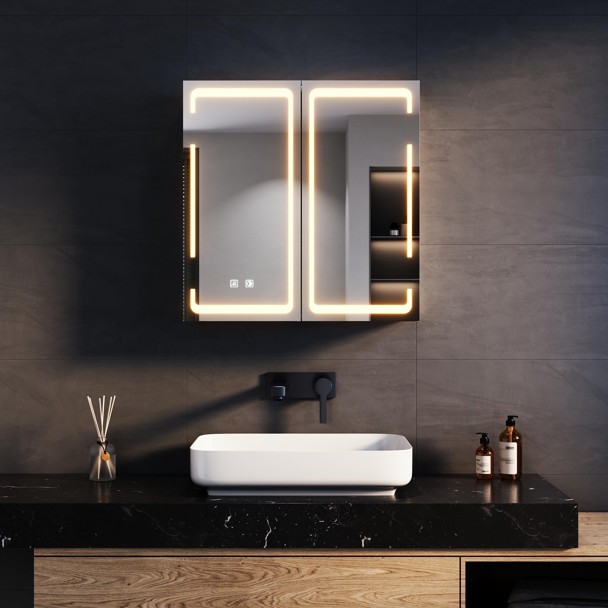 SONNI Armadietto Specchio Bagno con Illuminazione, 3 Colori Luce Regolabile Antiappannamento LED, Mobile Bagno con Specchio Verniciato Ferro a Singola, Design Armadietto Medicina,59x60x14cm