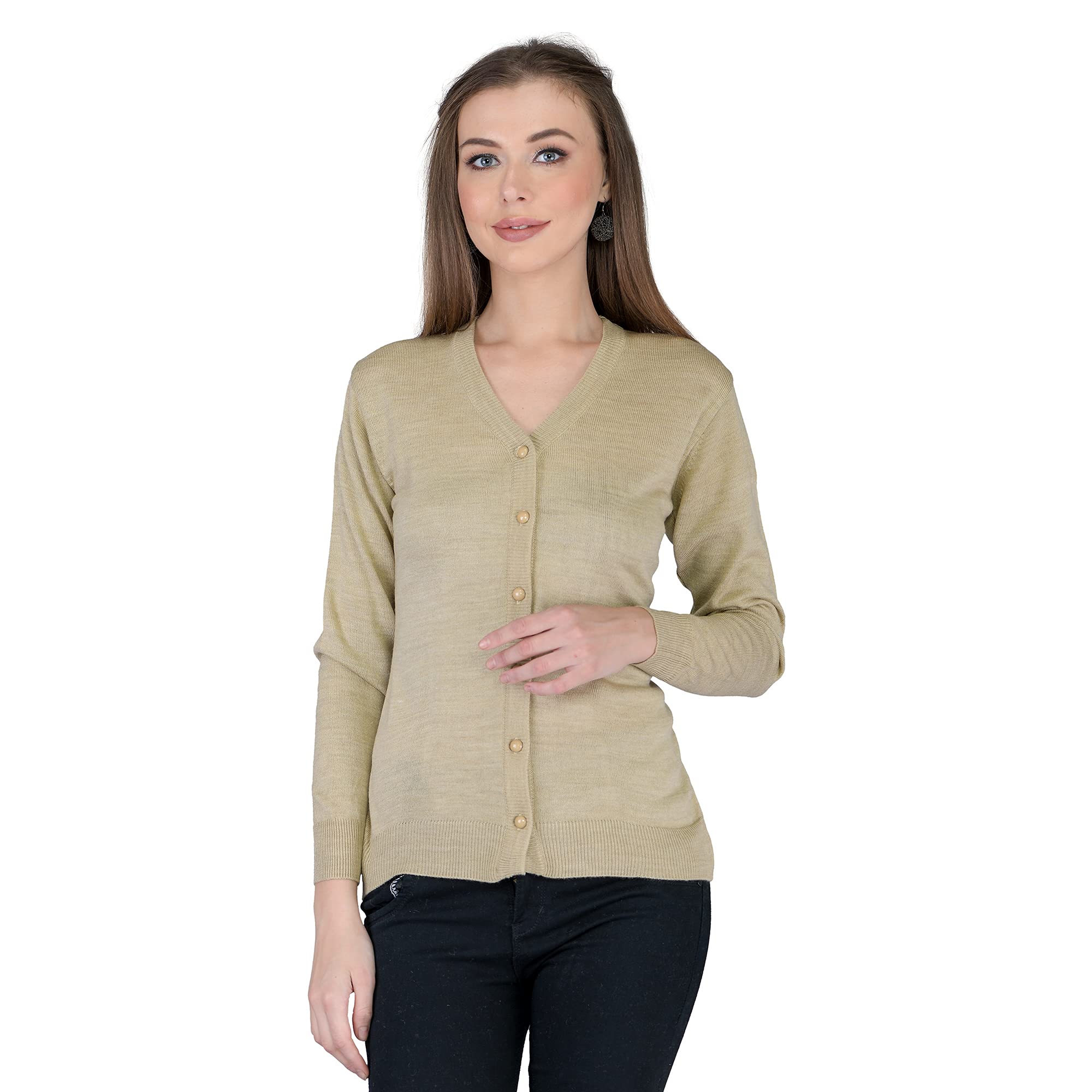 lady willington Women Woolen V-Neck Cardigan Heavy Daffodil Fabric Cardigan Winter Wear Pure Wool Cardigan for Women Free Size Daffodil Cotty Fully Warm Cardigans (Skin, Large)-picture-19
